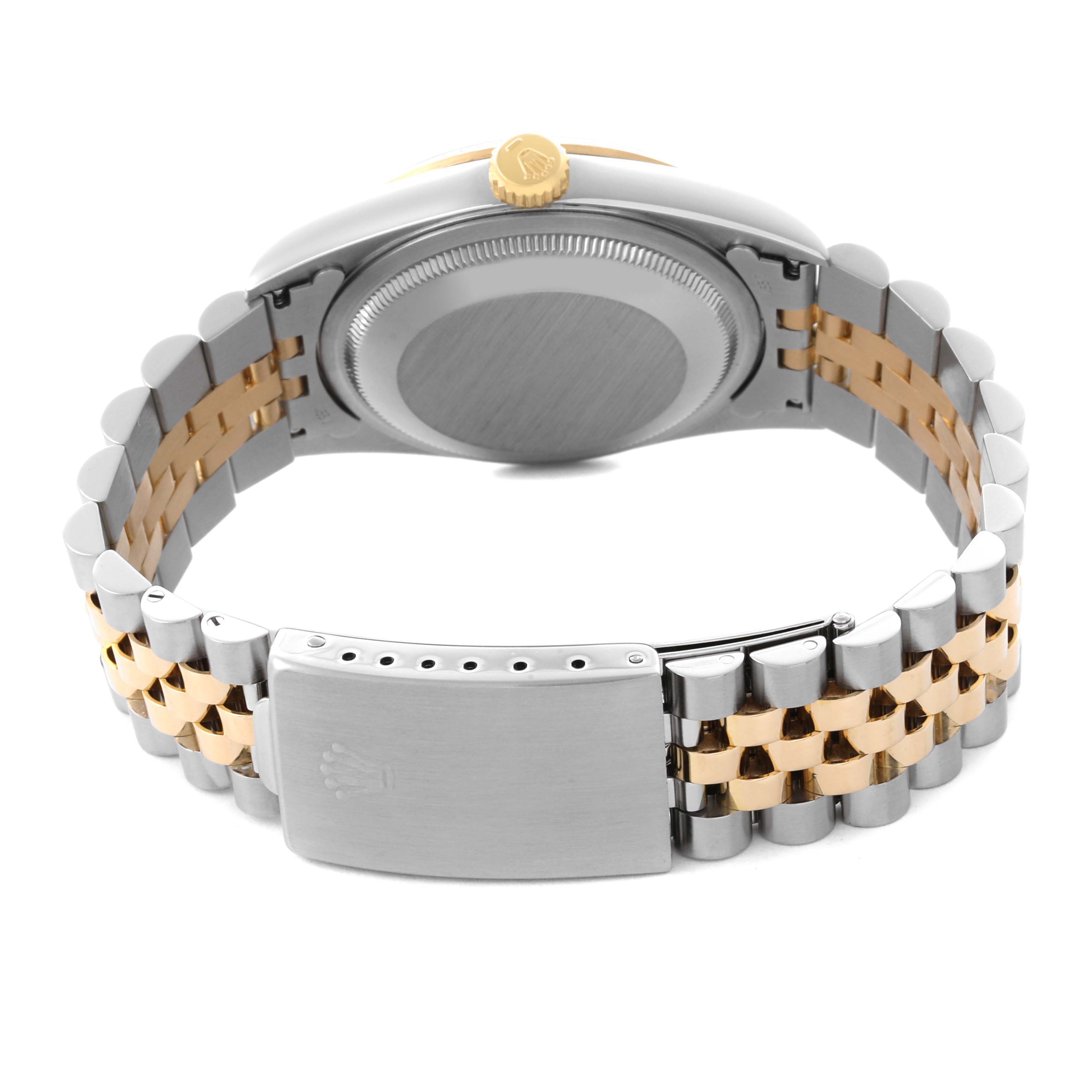 The image shows the back view of a Rolex Datejust 16233 Men's Steel and Gold (two tone) Beige Dial 16233 Men's Steel and Gold (two tone) Beige Dial, highlighting the case back, bracelet, and clasp.