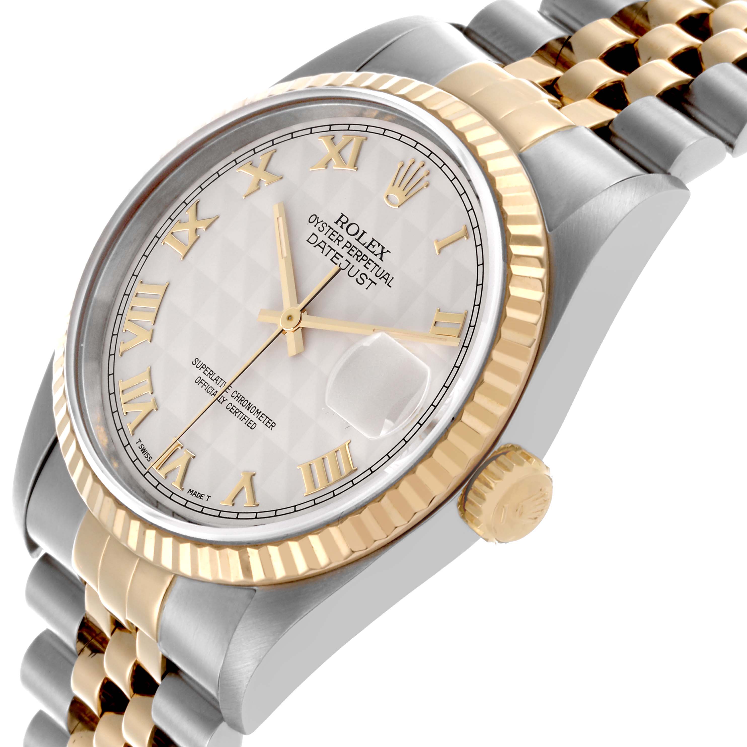The image shows a Rolex Datejust 16233 Men's Steel and Gold (two tone) Beige Dial 16233 Men's Steel and Gold (two tone) Beige Dial watch at an angled view highlighting the dial, two-tone bezel, and part of the bracelet.