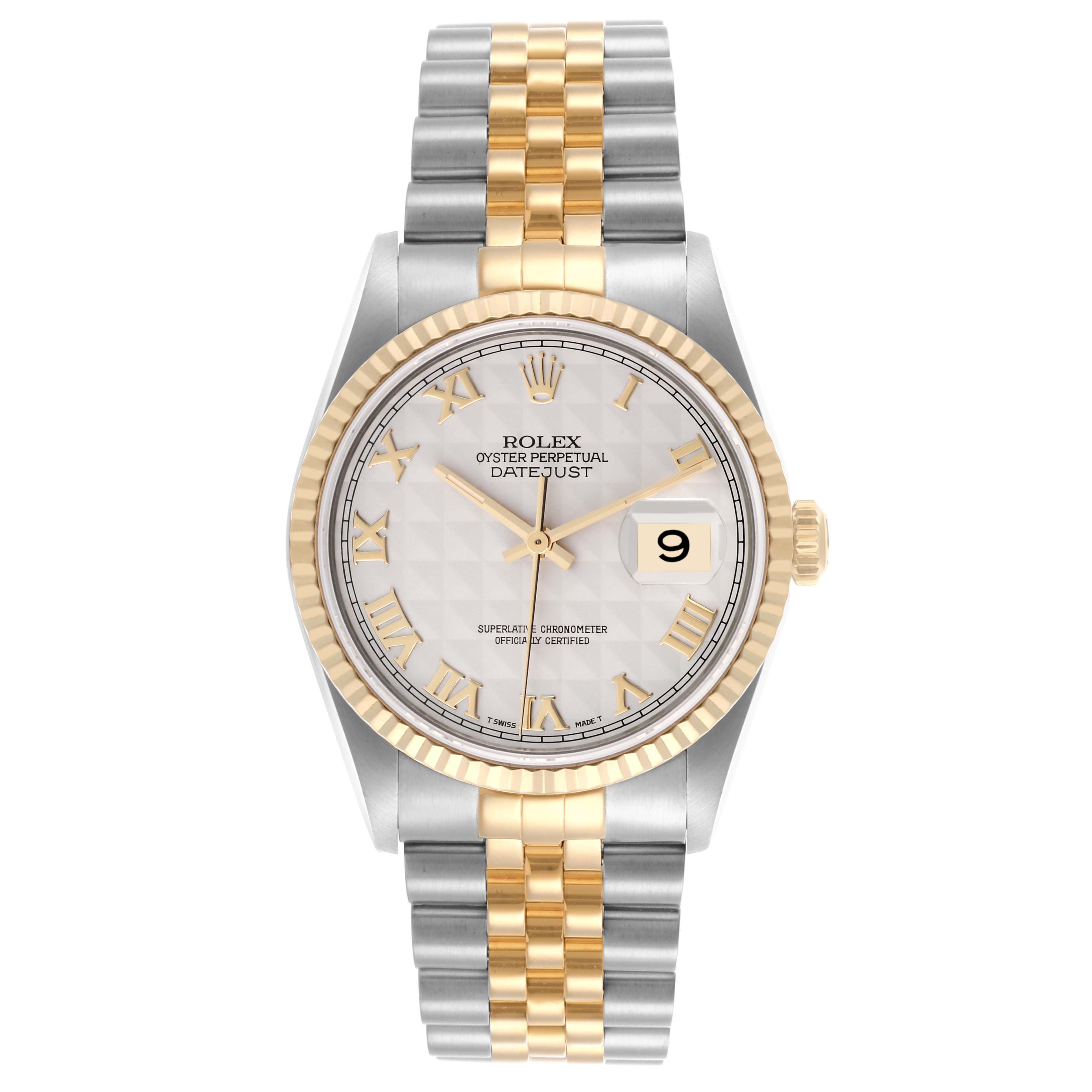 The Rolex Datejust 16233 Men's Steel and Gold (two tone) Beige Dial 16233 Men's Steel and Gold (two tone) Beige Dial watch is shown from the front, displaying the face, bezel, and bracelet.