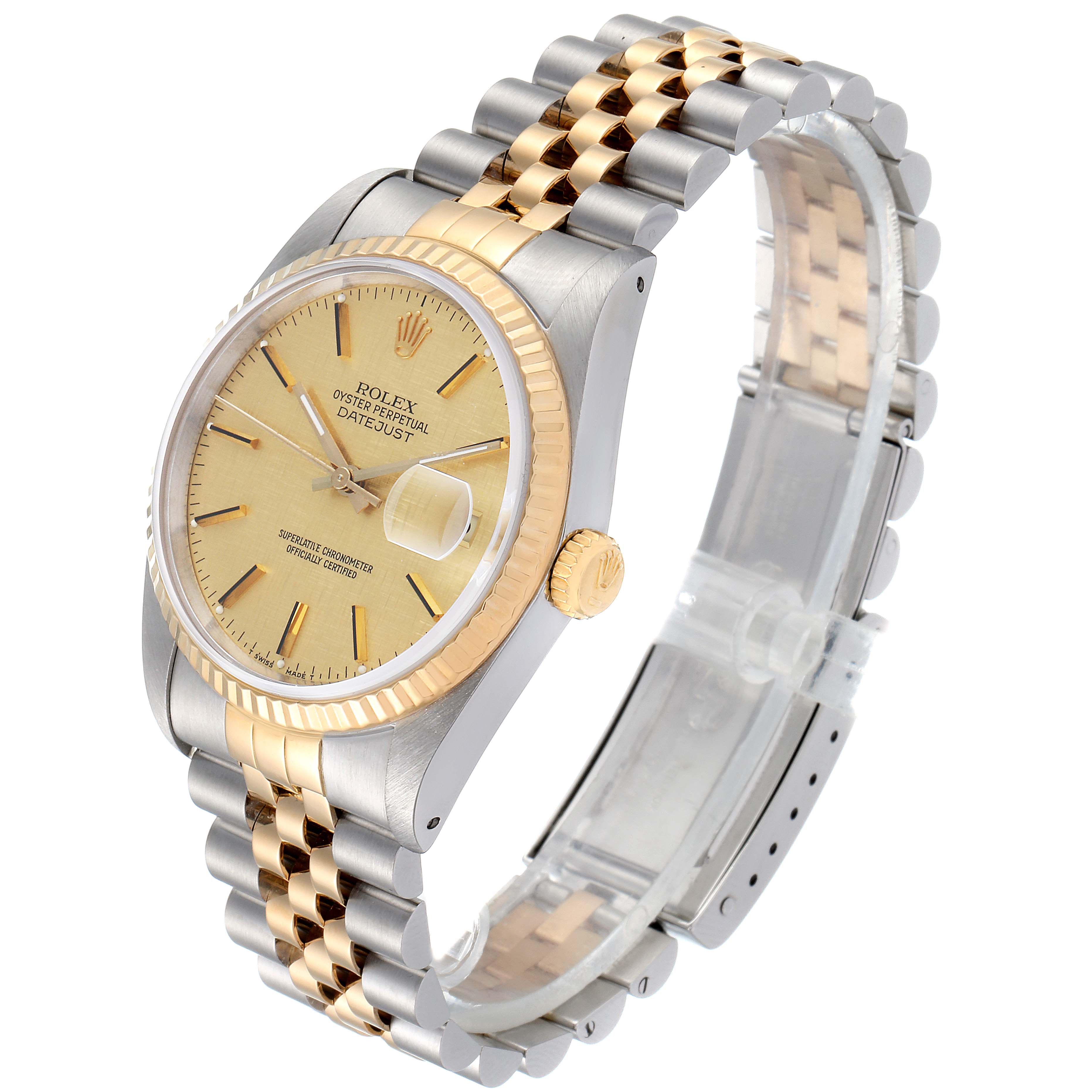 This Rolex Datejust 16233 Men's Steel and Gold (two tone) Champagne Dial 16233 Men's Steel and Gold (two tone) Champagne Dial watch is shown from a three-quarter view, highlighting the face, bezel, crown, and two-tone bracelet.