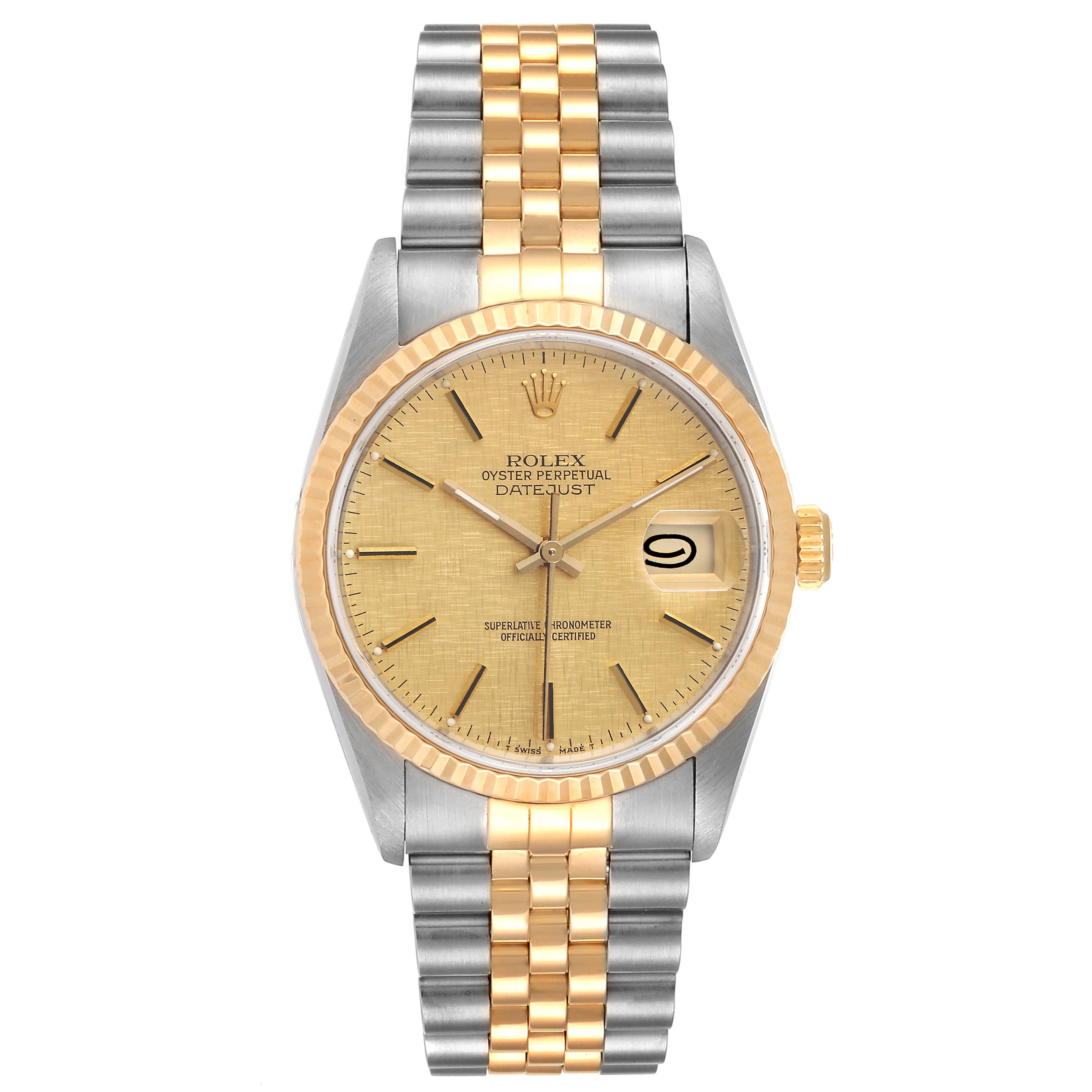 This image shows a front view of the Rolex Datejust 16233 Men's Steel and Gold (two tone) Champagne Dial 16233 Men's Steel and Gold (two tone) Champagne Dial model, highlighting the gold and silver bracelet and champagne dial with a date window.