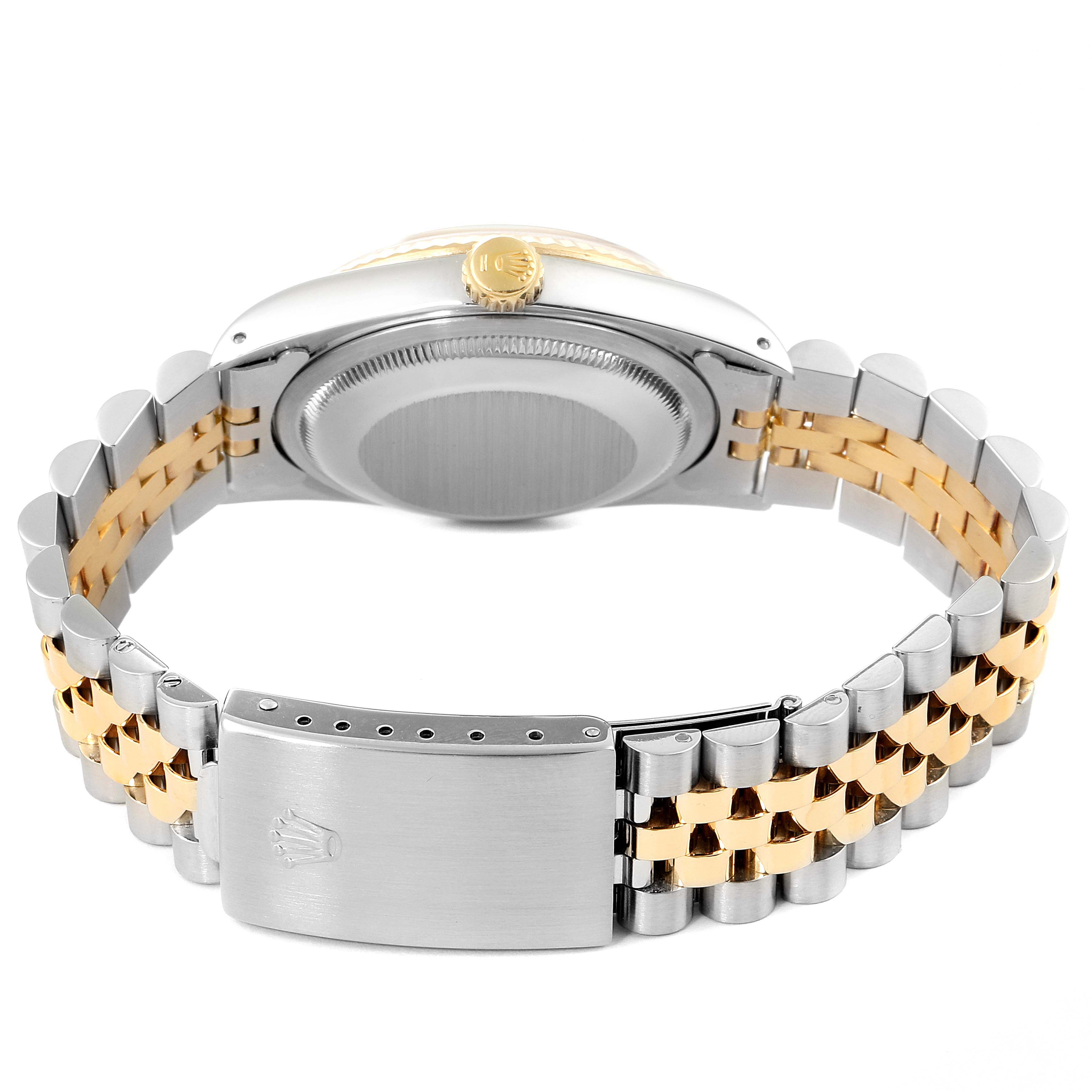 The image shows the case back, crown, and bracelet of a Rolex Datejust 16233 Men's Steel and Gold (two tone) Champagne Dial 16233 Men's Steel and Gold (two tone) Champagne Dial watch from a rear angle.