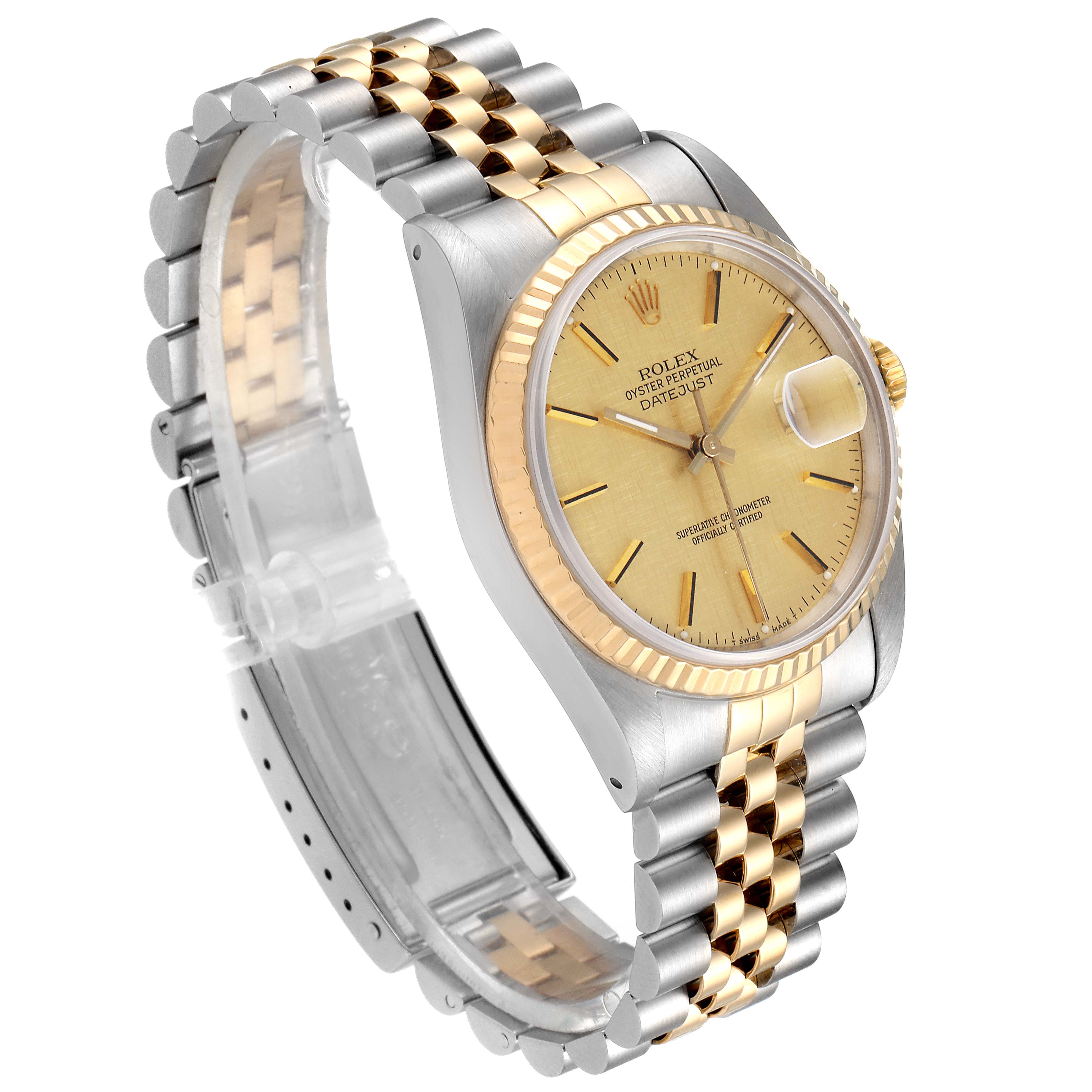 The Rolex Datejust 16233 Men's Steel and Gold (two tone) Champagne Dial 16233 Men's Steel and Gold (two tone) Champagne Dial watch is shown at a 3/4 angle, displaying the face, bezel, crown, and bracelet.