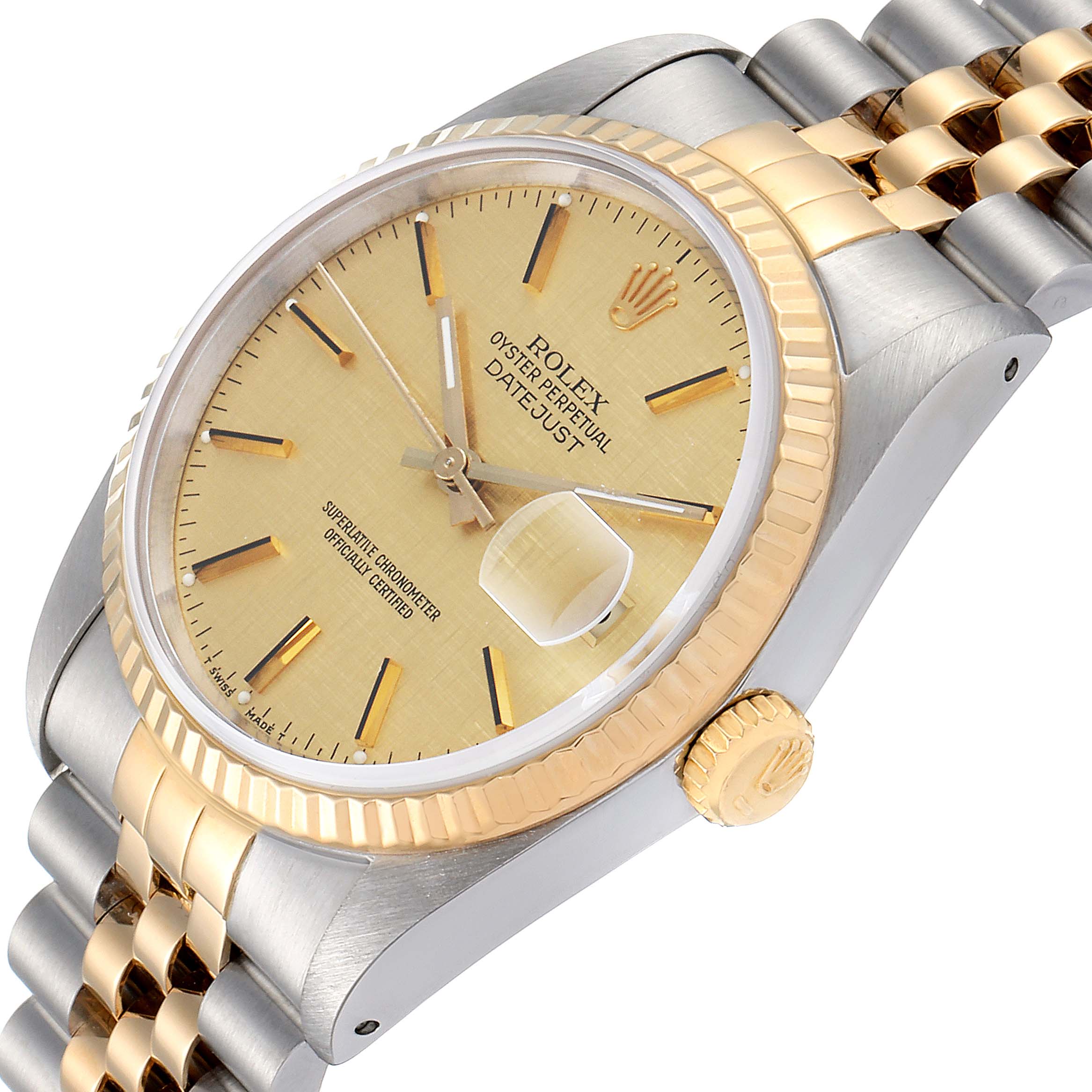 The image shows a close-up, angled view of the Rolex Datejust 16233 Men's Steel and Gold (two tone) Champagne Dial 16233 Men's Steel and Gold (two tone) Champagne Dial watch, highlighting its face, bezel, crown, and part of the bracelet.