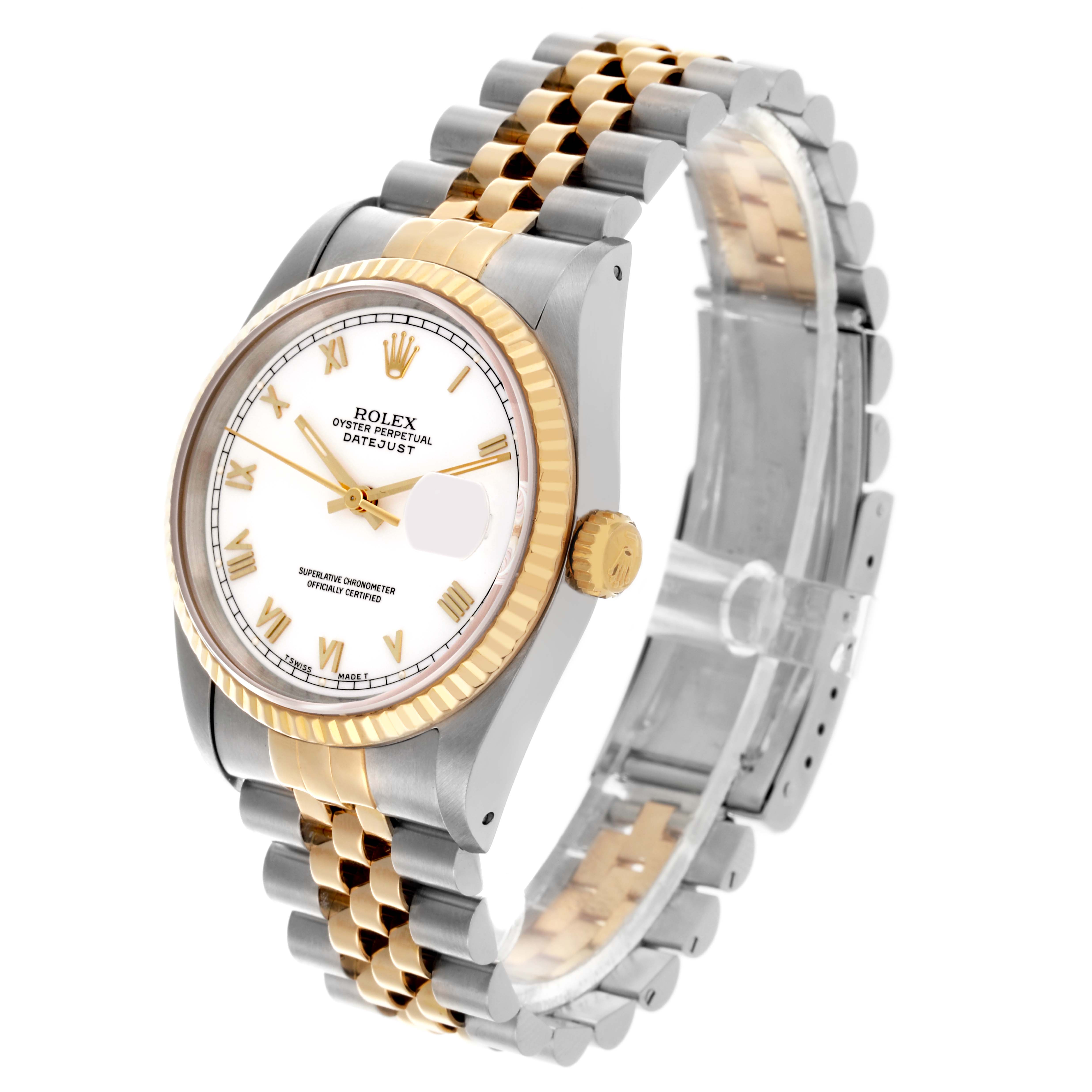 The Rolex Datejust 16233 Men's Steel and Gold (two tone) White Dial 16233 Men's Steel and Gold (two tone) White Dial watch is shown at a three-quarter angle, highlighting the dial, bezel, crown, and two-tone bracelet.