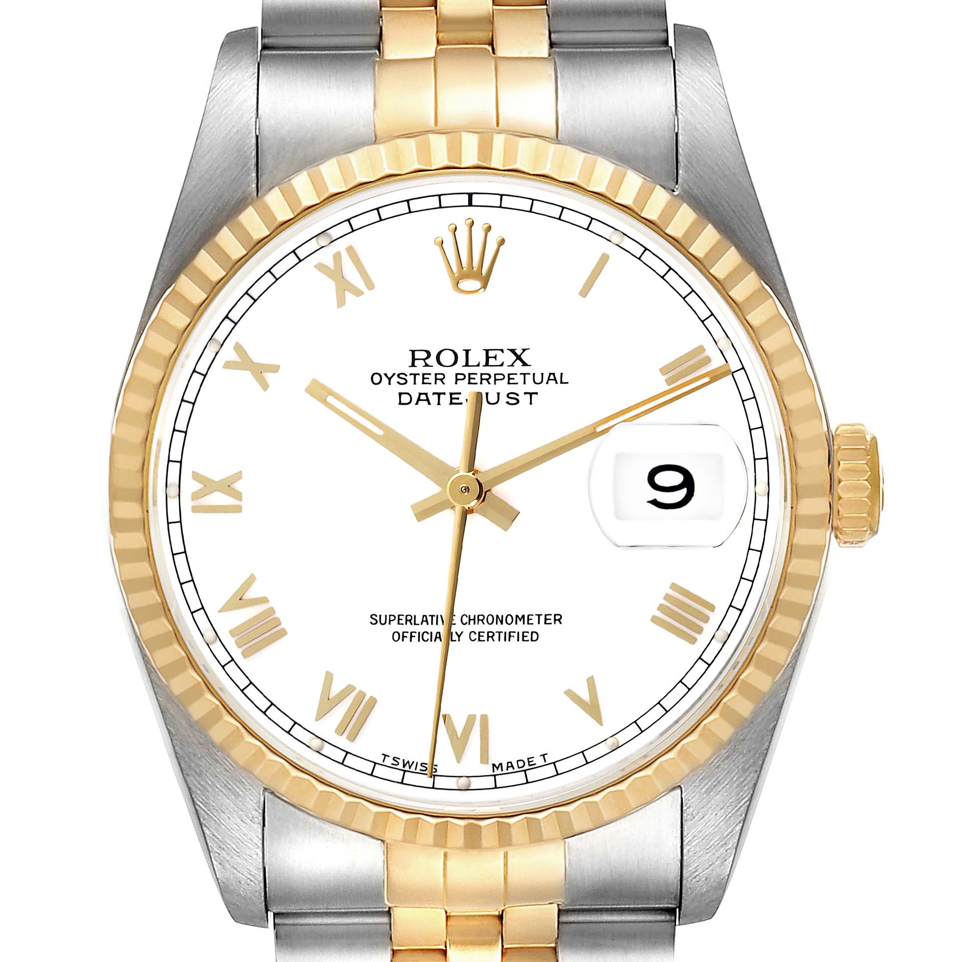 The Rolex Datejust 16233 Men's Steel and Gold (two tone) White Dial 16233 Men's Steel and Gold (two tone) White Dial watch is shown from the front, highlighting the bezel, dial, and partial bracelet.