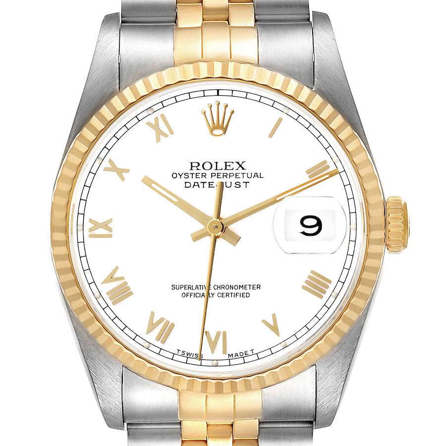 The Rolex Datejust watch is shown from the front, highlighting the bezel, dial, and partial bracelet.