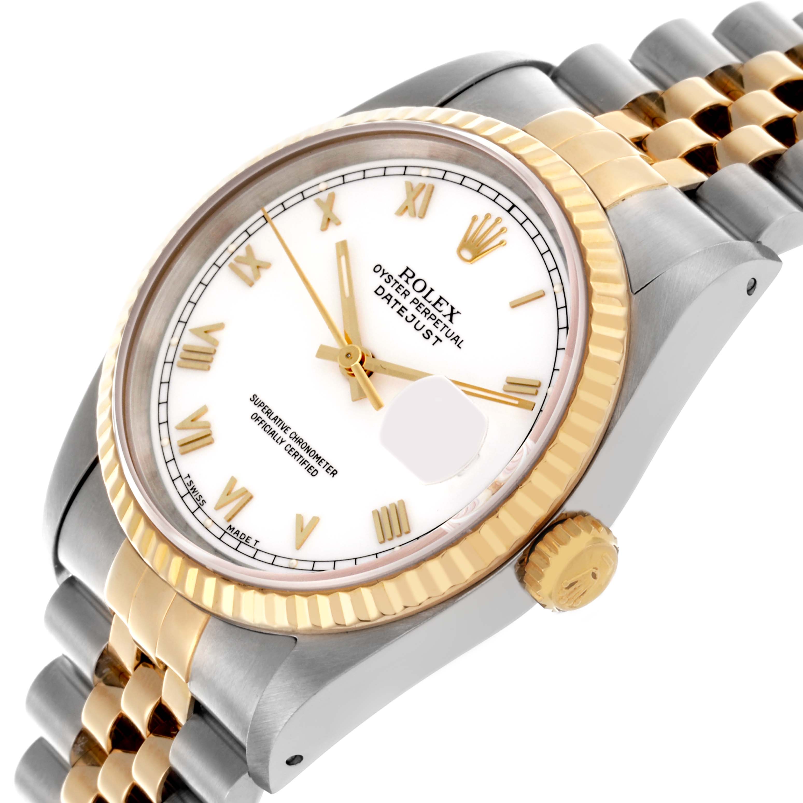 The Rolex Datejust 16233 Men's Steel and Gold (two tone) White Dial 16233 Men's Steel and Gold (two tone) White Dial watch is shown at an angle highlighting the face, bezel, crown, and bracelet.