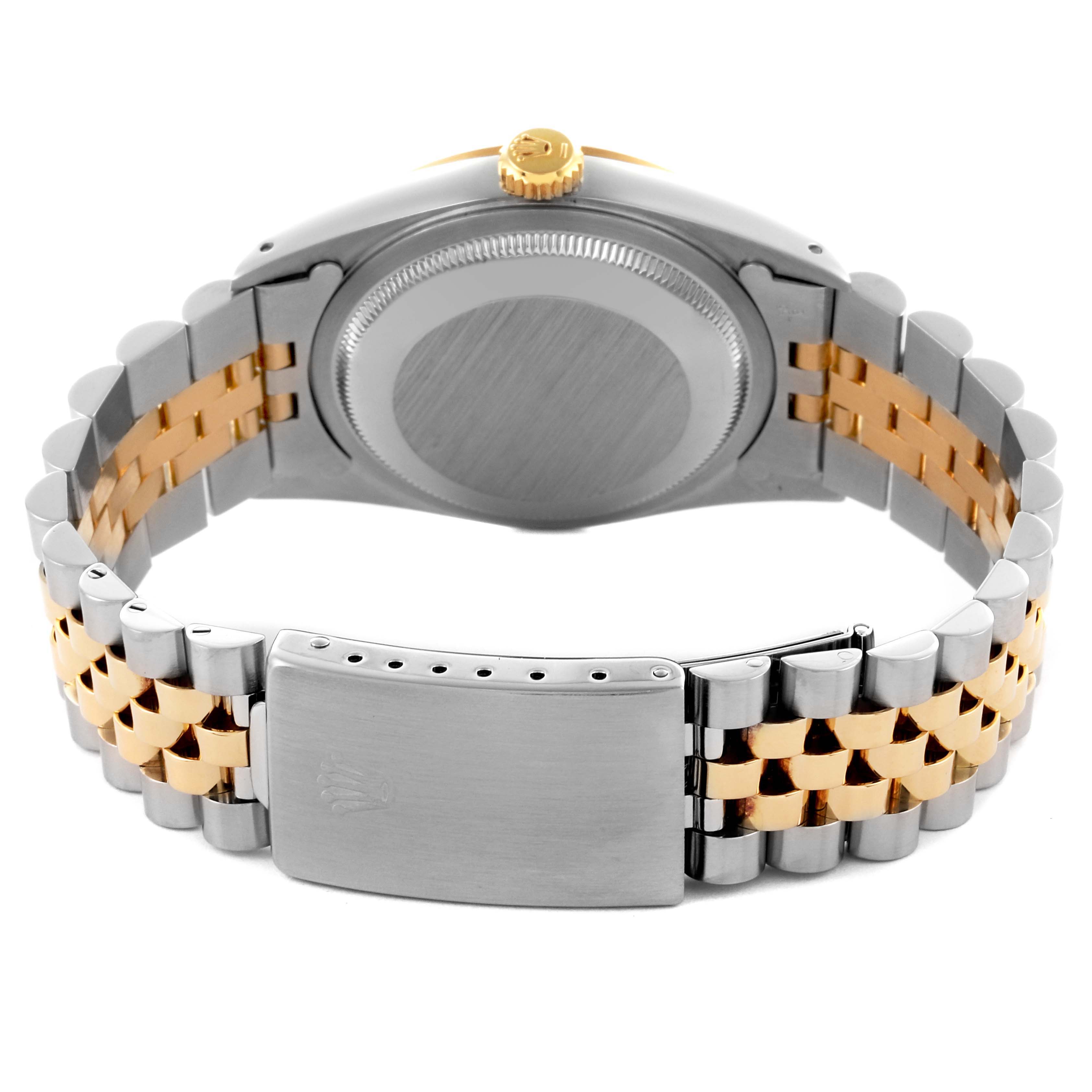 The image shows the back case and Jubilee bracelet of a Rolex Datejust 16233 Men's Steel and Gold (two tone) White Dial 16233 Men's Steel and Gold (two tone) White Dial watch from the rear angle.