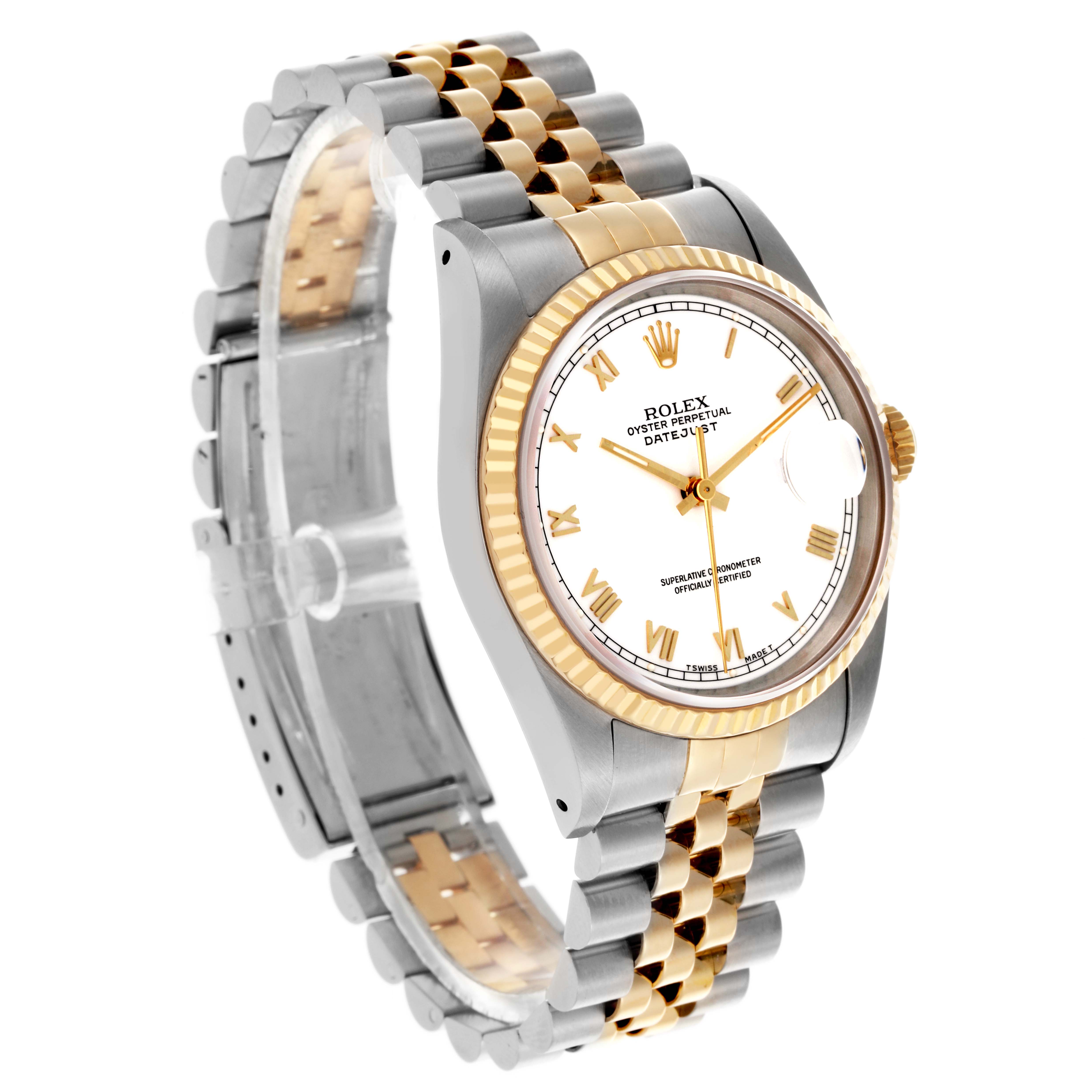 The Rolex Datejust 16233 Men's Steel and Gold (two tone) White Dial 16233 Men's Steel and Gold (two tone) White Dial watch is shown at a side angle, highlighting the two-tone bracelet and fluted bezel.
