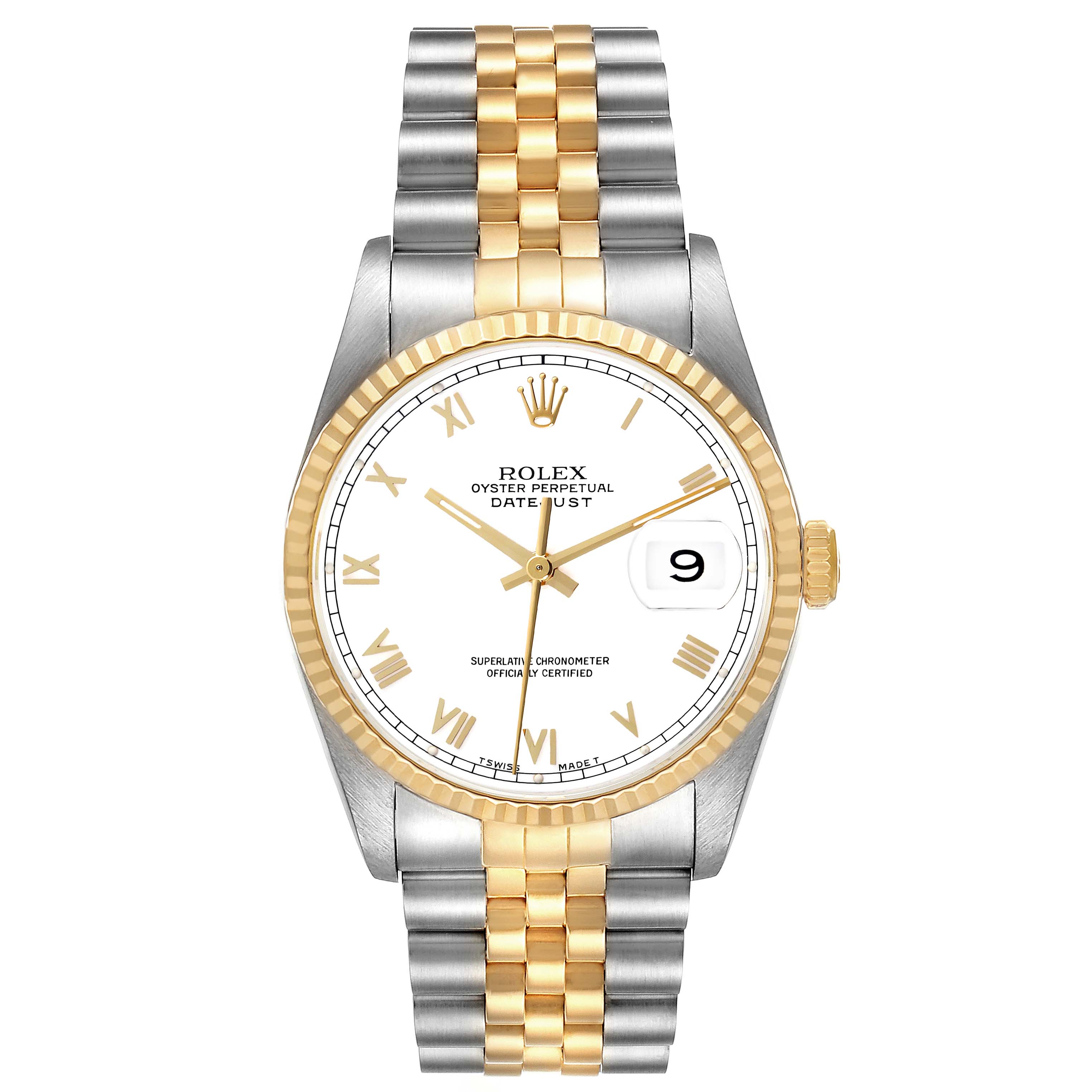 The image shows a front view of a Rolex Datejust 16233 Men's Steel and Gold (two tone) White Dial 16233 Men's Steel and Gold (two tone) White Dial watch, displaying its face, bezel, and two-tone Jubilee bracelet.