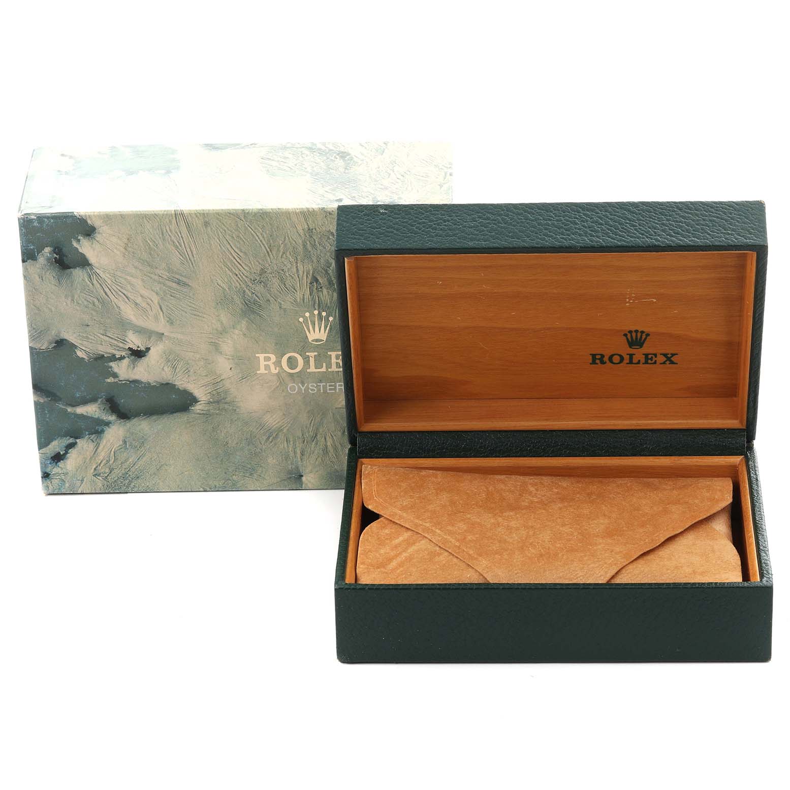 The image shows a Rolex Datejust 16233 Men's Steel and Gold (two tone) White Dial 16233 Men's Steel and Gold (two tone) White Dial watch box and outer packaging, with the box open revealing the inner lining.