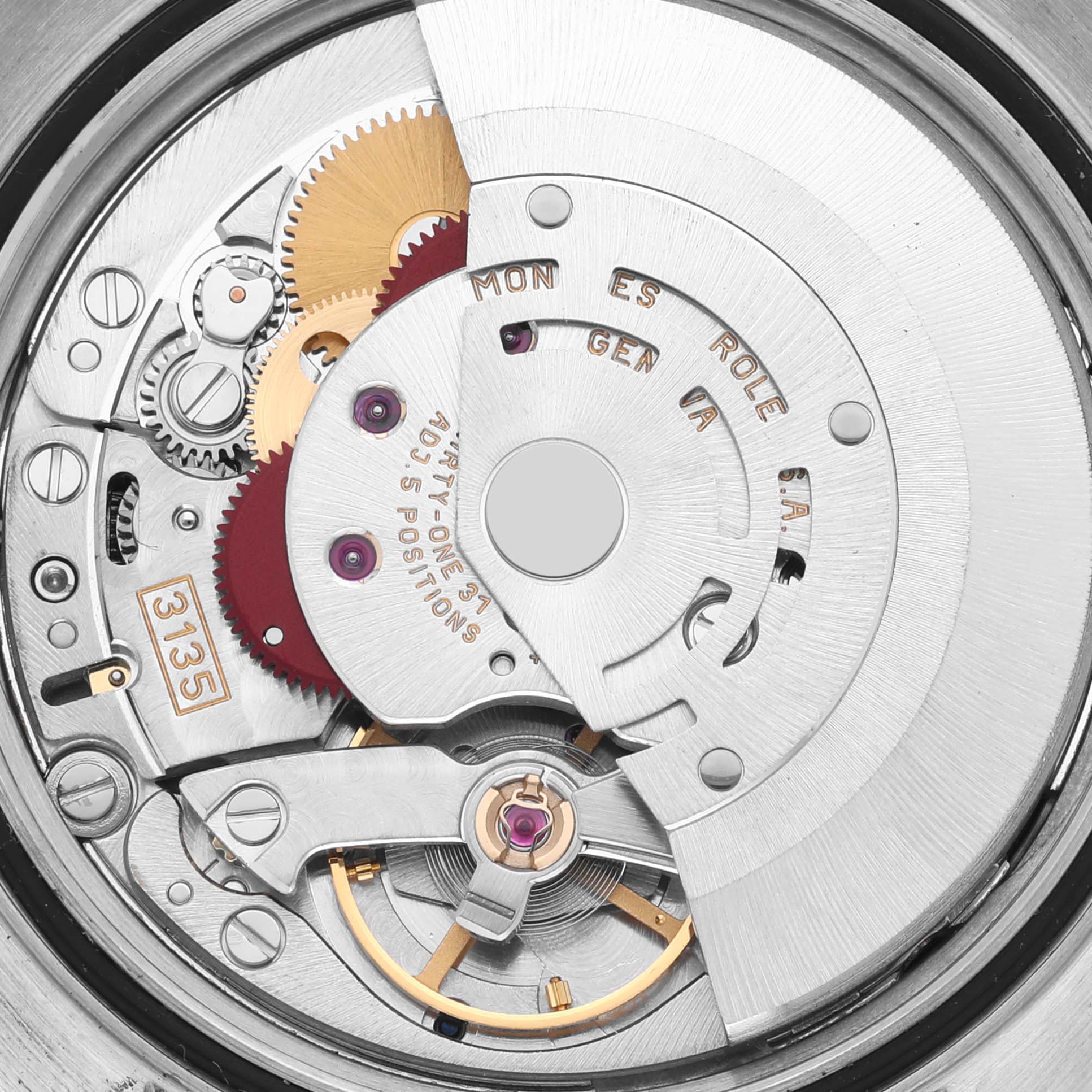 The image shows the internal mechanism of a Rolex Turn-o-Graph 16264 Men
s Stainless Steel Black Dial 16264 Men
s Stainless Steel Black Dial watch from a top view, highlighting gears and the rotor.