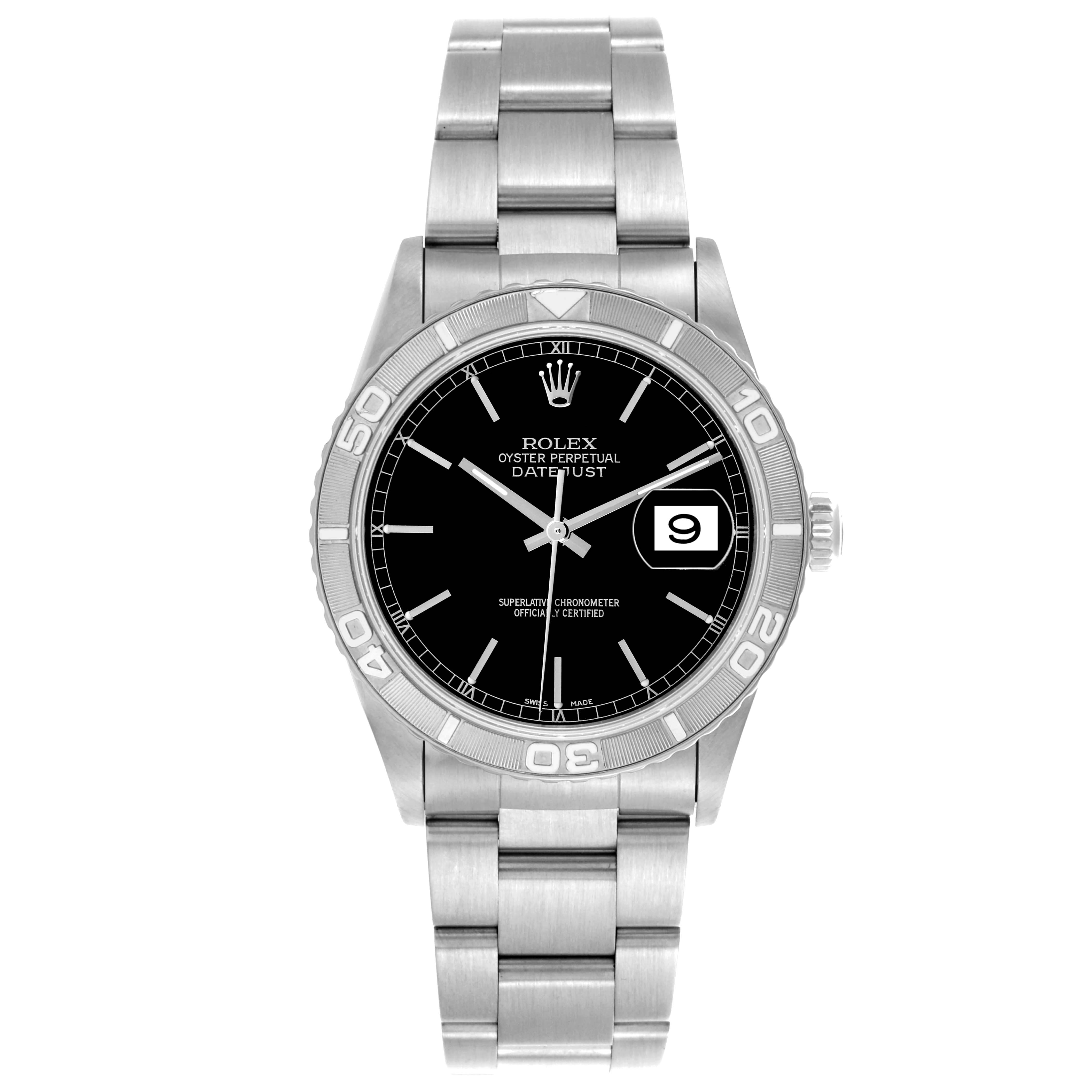 The Rolex Turn-o-Graph 16264 Men
s Stainless Steel Black Dial 16264 Men
s Stainless Steel Black Dial watch is shown from a front angle, displaying the dial, bezel, and bracelet.
