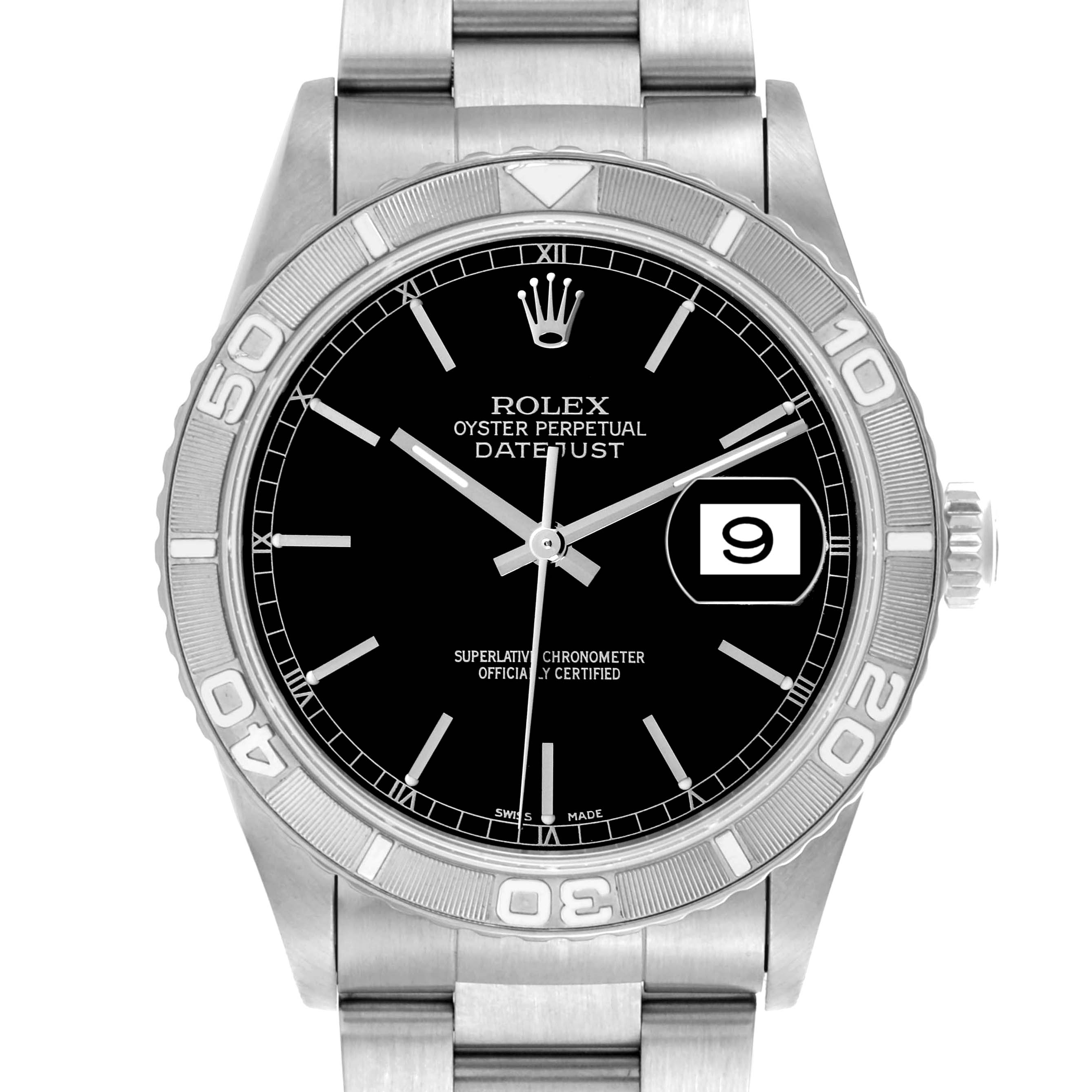 The image shows a frontal view of a Rolex Turn-o-Graph 16264 Men
s Stainless Steel Black Dial 16264 Men
s Stainless Steel Black Dial, highlighting its face, bezel, and part of the bracelet.