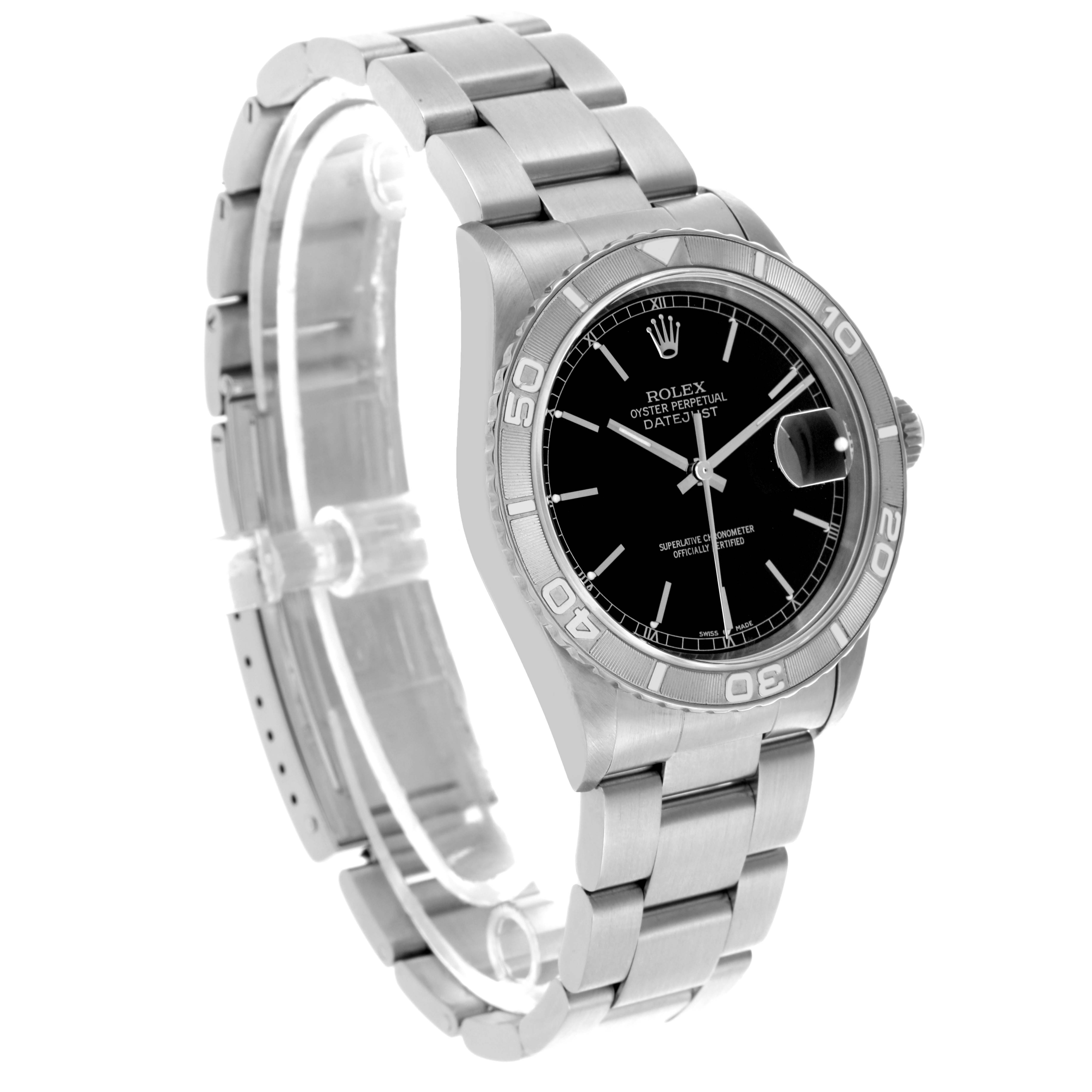 The Rolex Turn-o-Graph 16264 Men
s Stainless Steel Black Dial 16264 Men
s Stainless Steel Black Dial watch is shown at a three-quarter angle, highlighting the face, bezel, and bracelet.