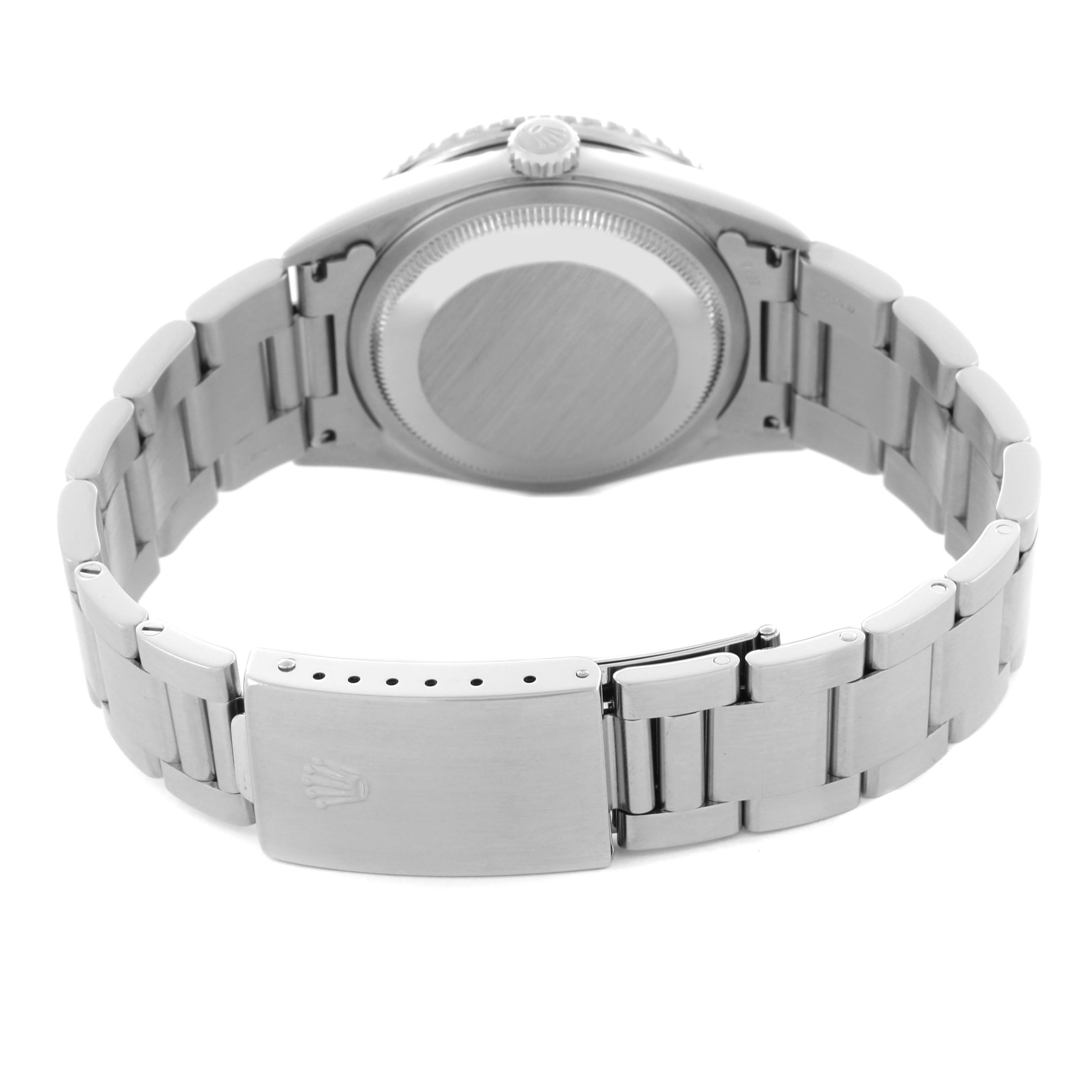 The Rolex Turn-o-Graph 16264 Men
s Stainless Steel Black Dial 16264 Men
s Stainless Steel Black Dial watch is shown from the back, displaying the case back, bracelet, and clasp.