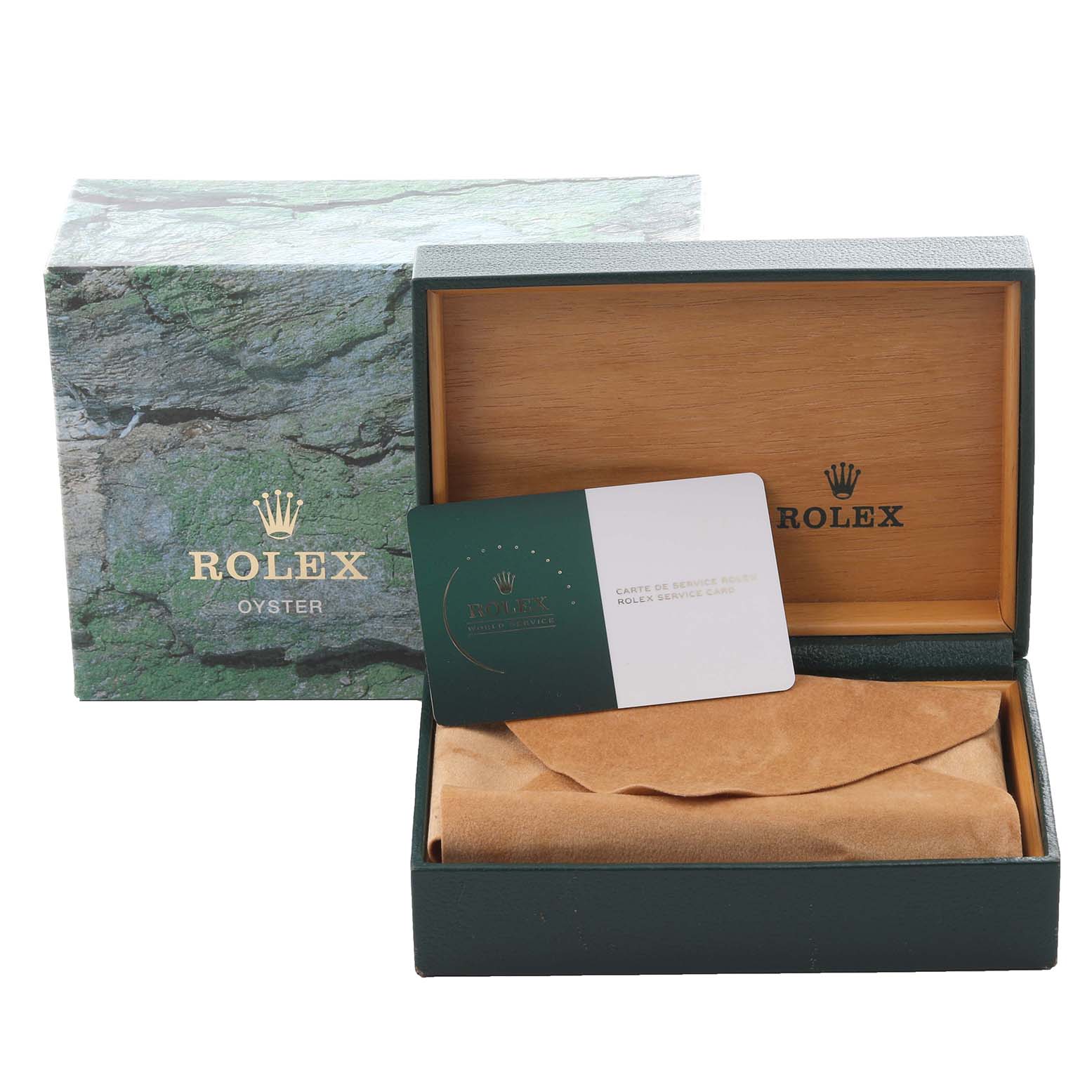 The image shows a Rolex Turn-o-Graph 16264 Men
s Stainless Steel Black Dial 16264 Men
s Stainless Steel Black Dial box and warranty card from a top angle.