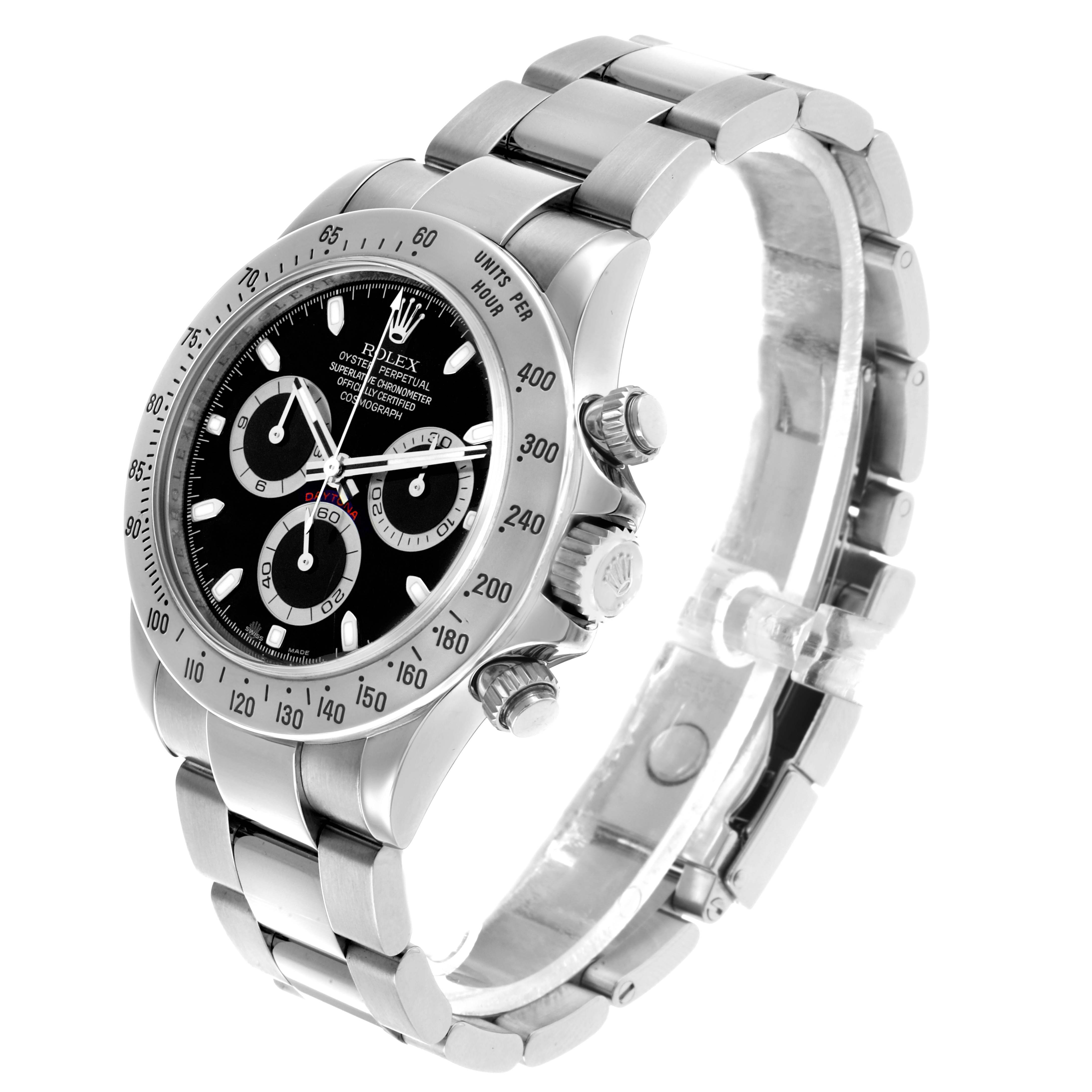 The Rolex Daytona 116520 Men's Stainless Steel Black Dial watch is shown at a slight angle, displaying the face, bezel, crown, and bracelet.