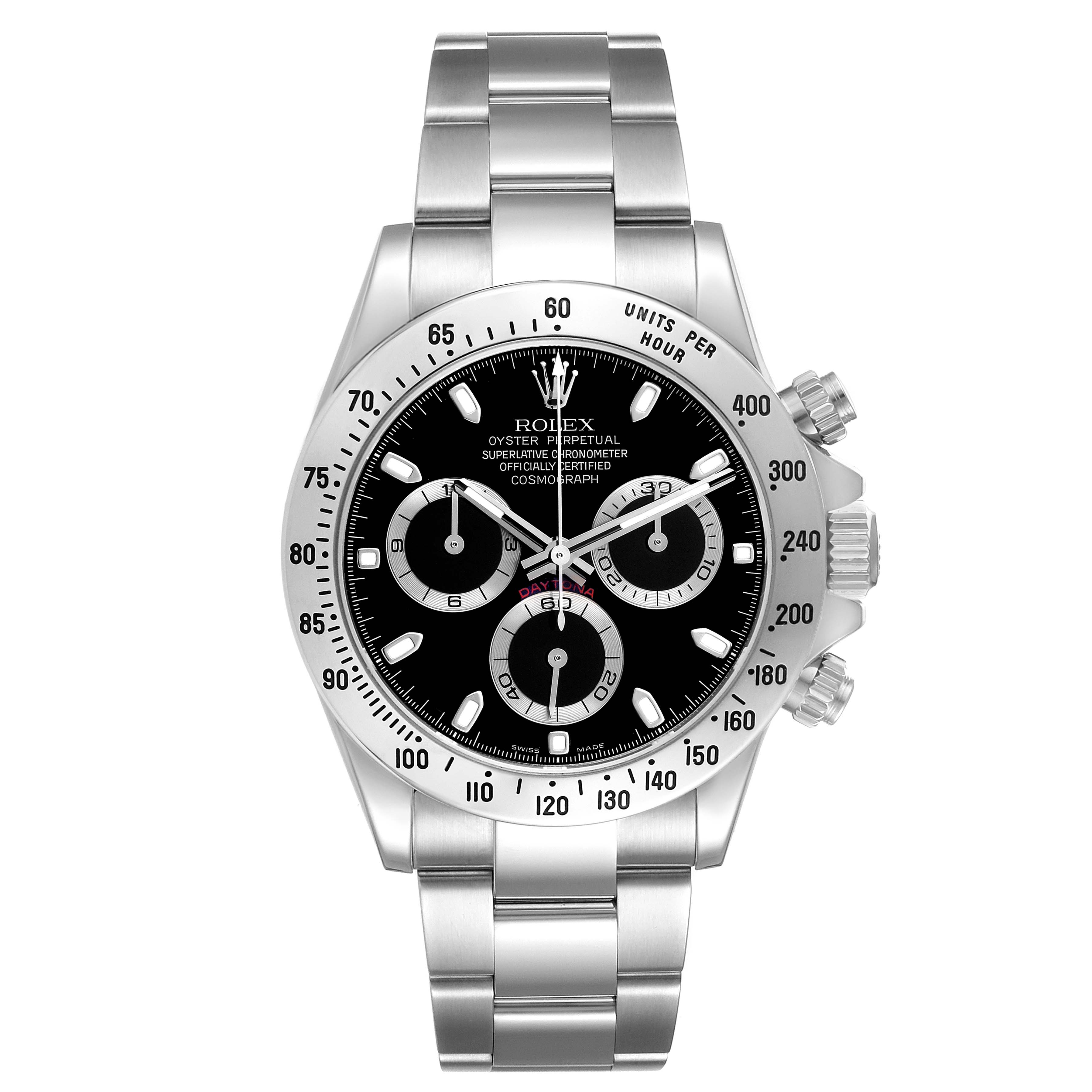 The Rolex Daytona 116520 Men's Stainless Steel Black Dial watch is shown from a front angle, displaying its dial, bezel, pushers, and bracelet.