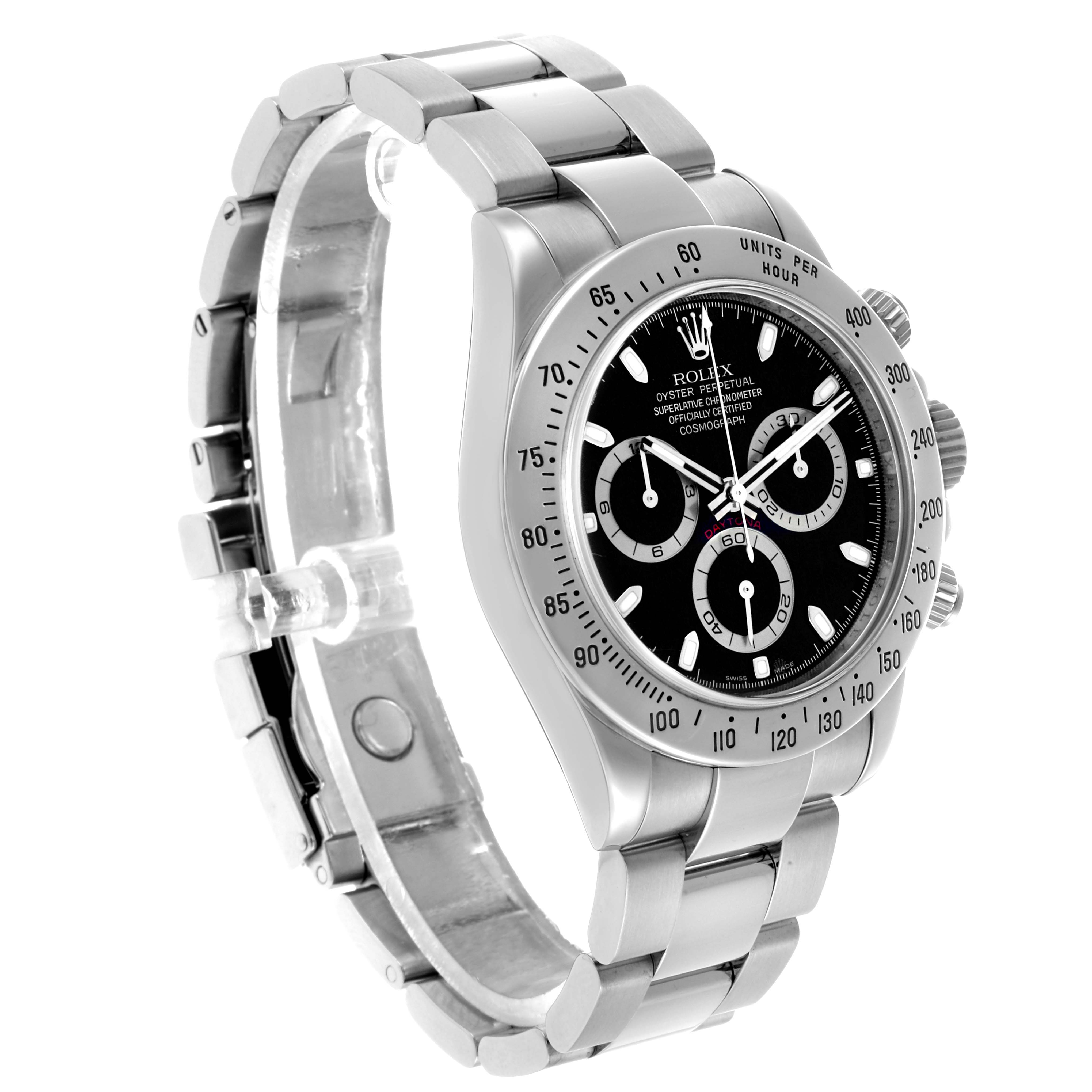 The Rolex Daytona 116520 Men's Stainless Steel Black Dial watch is shown from a front-side angle, highlighting the dial, bezel, and bracelet.