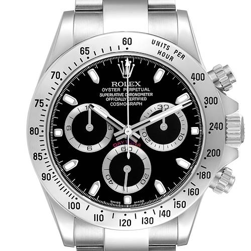 The image shows a front view of the Rolex Daytona 116520 Men's Stainless Steel Black Dial, highlighting the dial, bezel, subdials, and crown.
