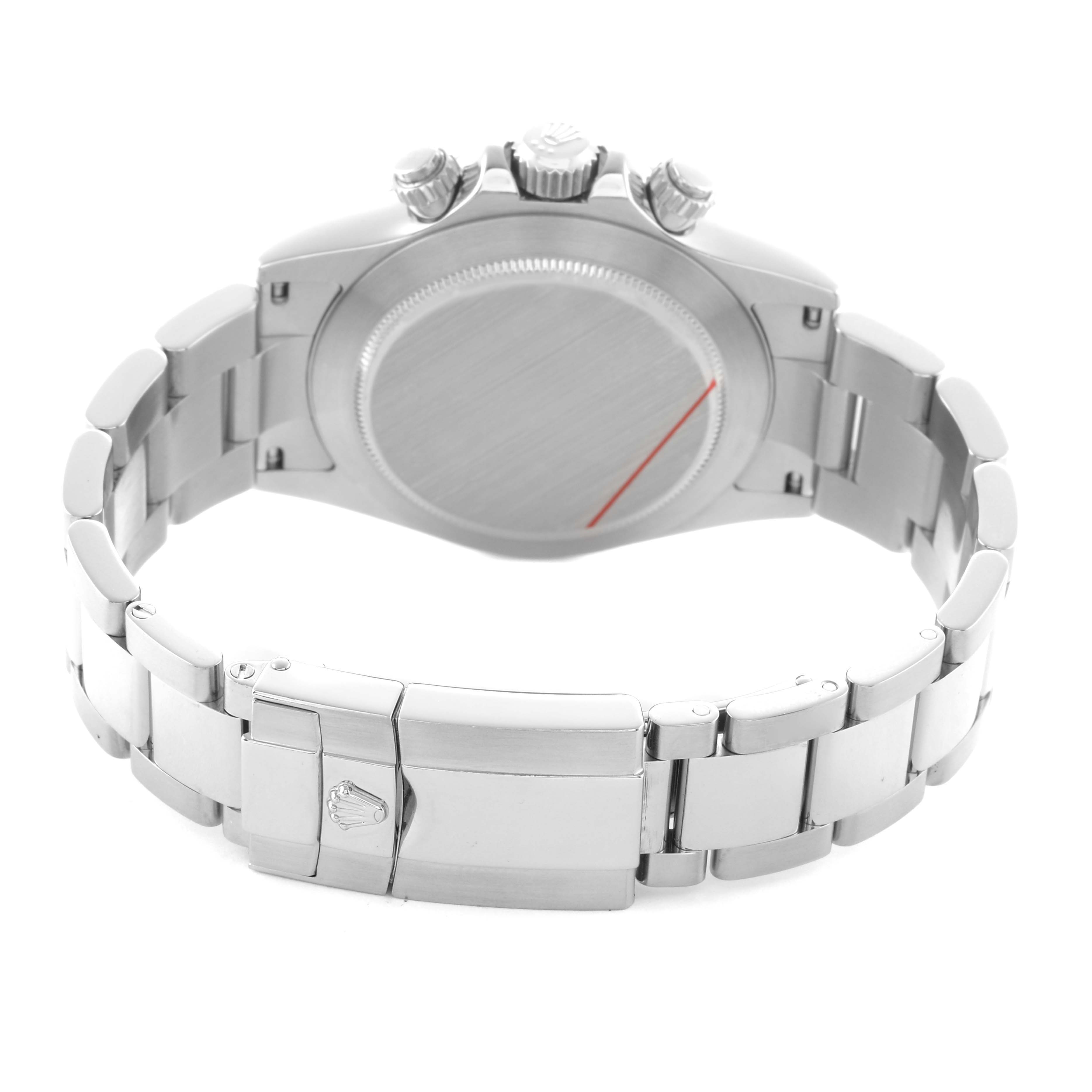 The image shows the back view of a Rolex Daytona 116520 Men's Stainless Steel Black Dial watch, featuring the closed clasp, case back, and bracelet links.