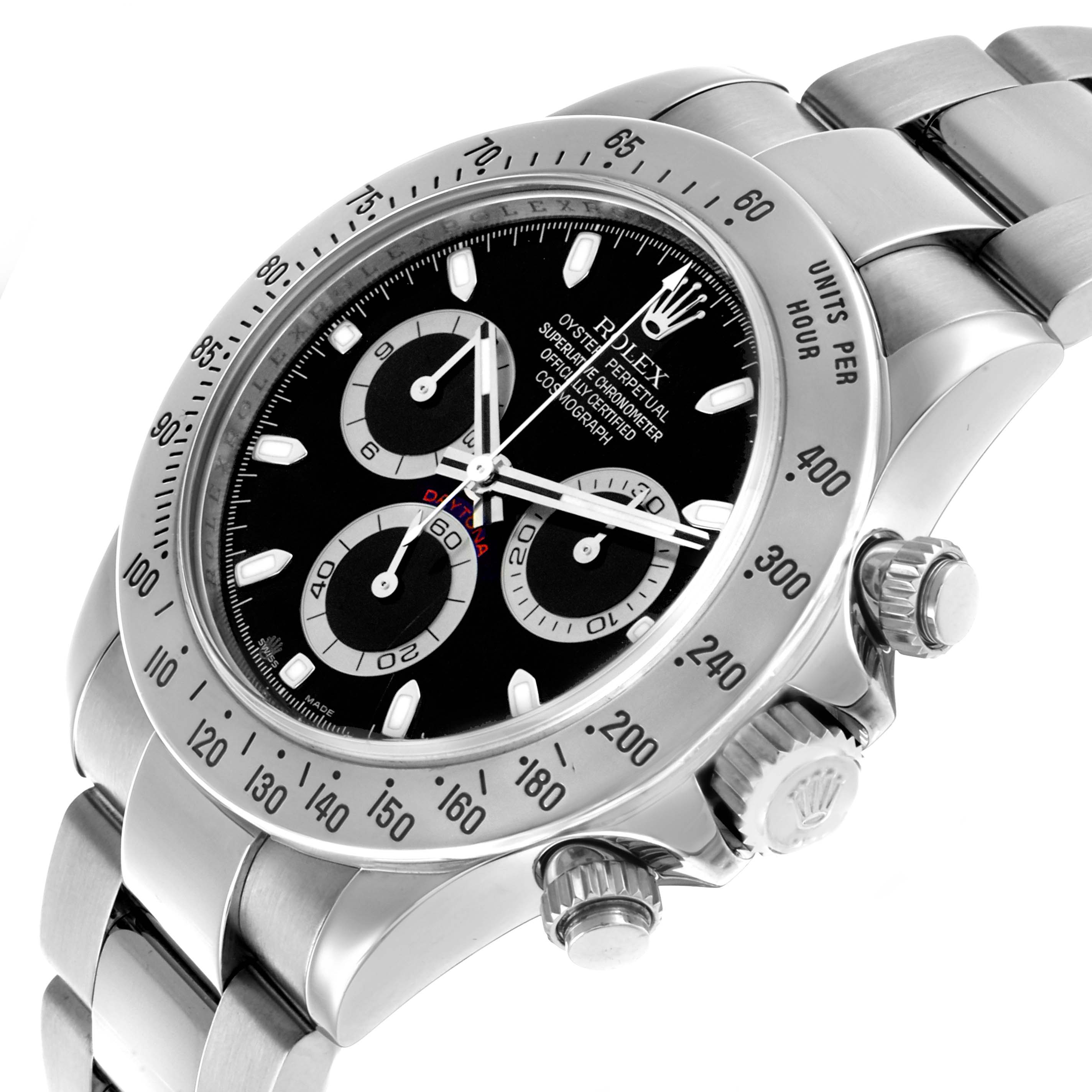 The Rolex Daytona 116520 Men's Stainless Steel Black Dial watch is shown at an oblique angle, highlighting the bezel, crown, and part of the bracelet.