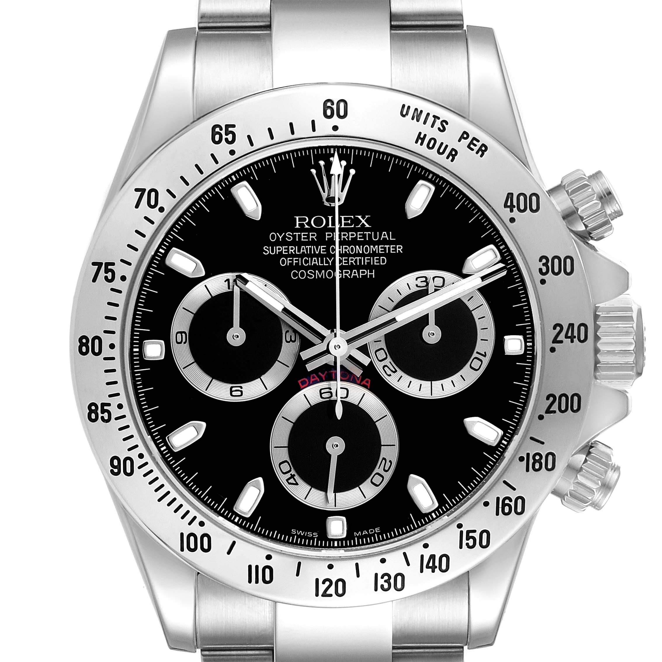 The Rolex Daytona 116520 Men's Stainless Steel Black Dial watch is shown from the front, displaying its dial, bezel, and pushers.