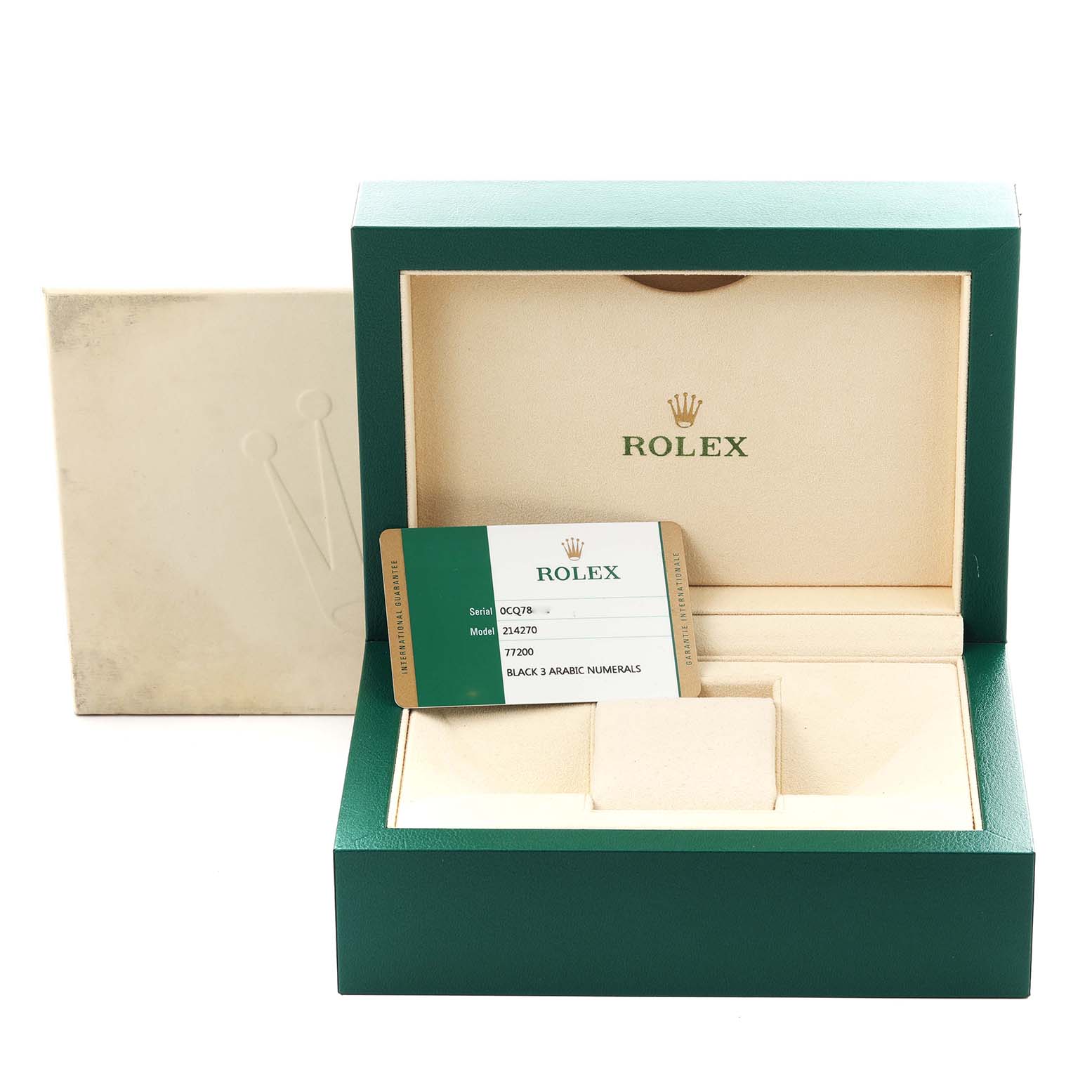 The image shows the packaging for the Rolex Explorer 214270 Men
s Stainless Steel Black Dial 214270 Men
s Stainless Steel Black Dial model, including the box and a warranty card.