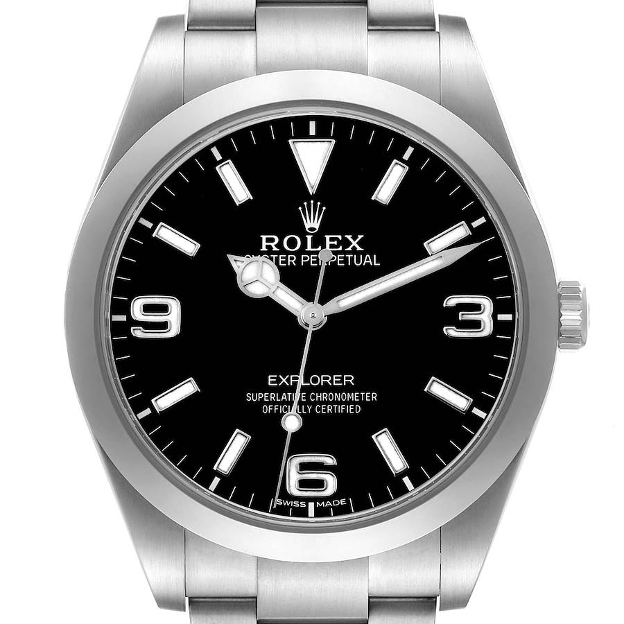 The Rolex Explorer watch is shown from the front, displaying the dial, bezel, crown, and part of the bracelet.