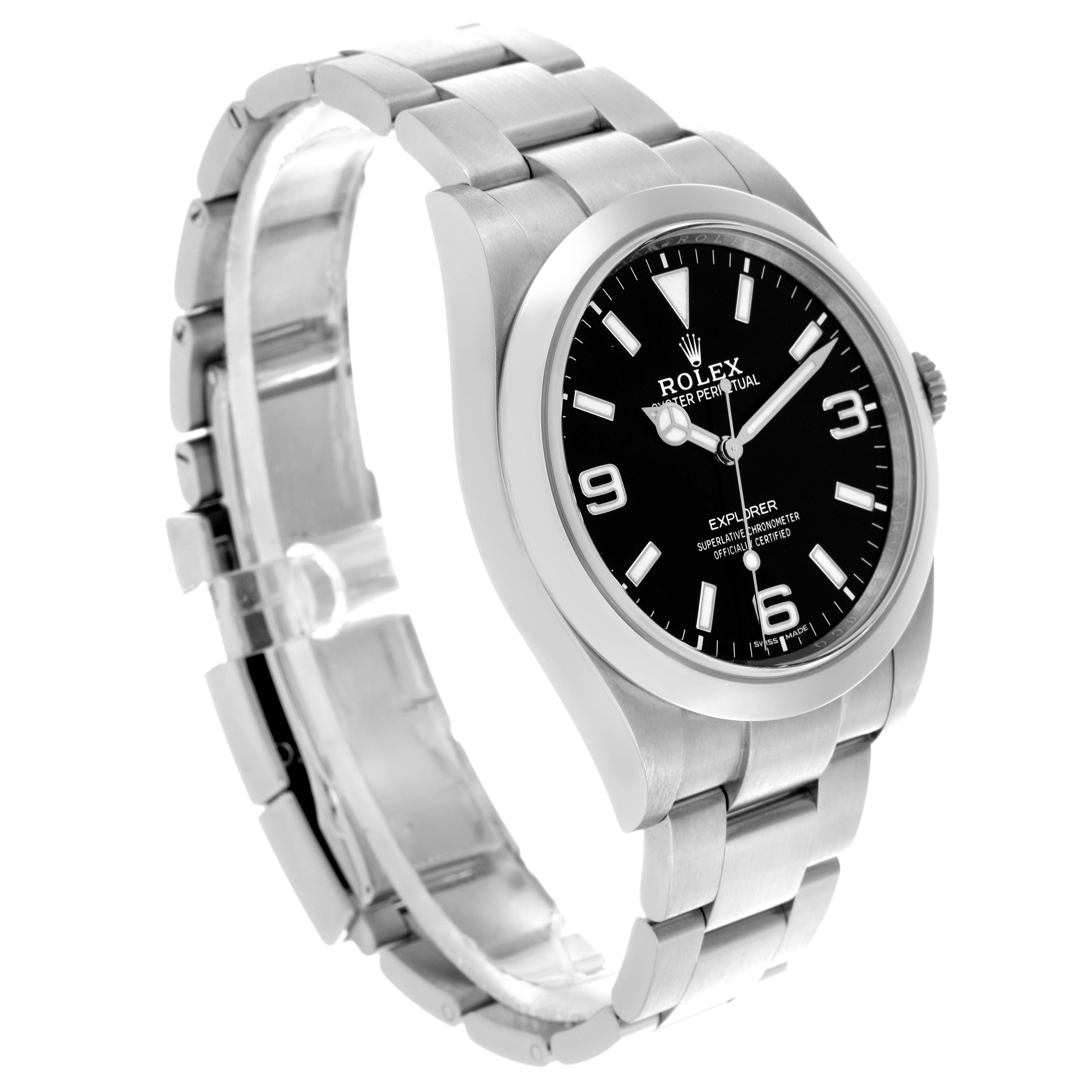 The image shows a Rolex Explorer 214270 Men
s Stainless Steel Black Dial 214270 Men
s Stainless Steel Black Dial watch at a three-quarter angle, highlighting the face, bezel, bracelet, and crown.