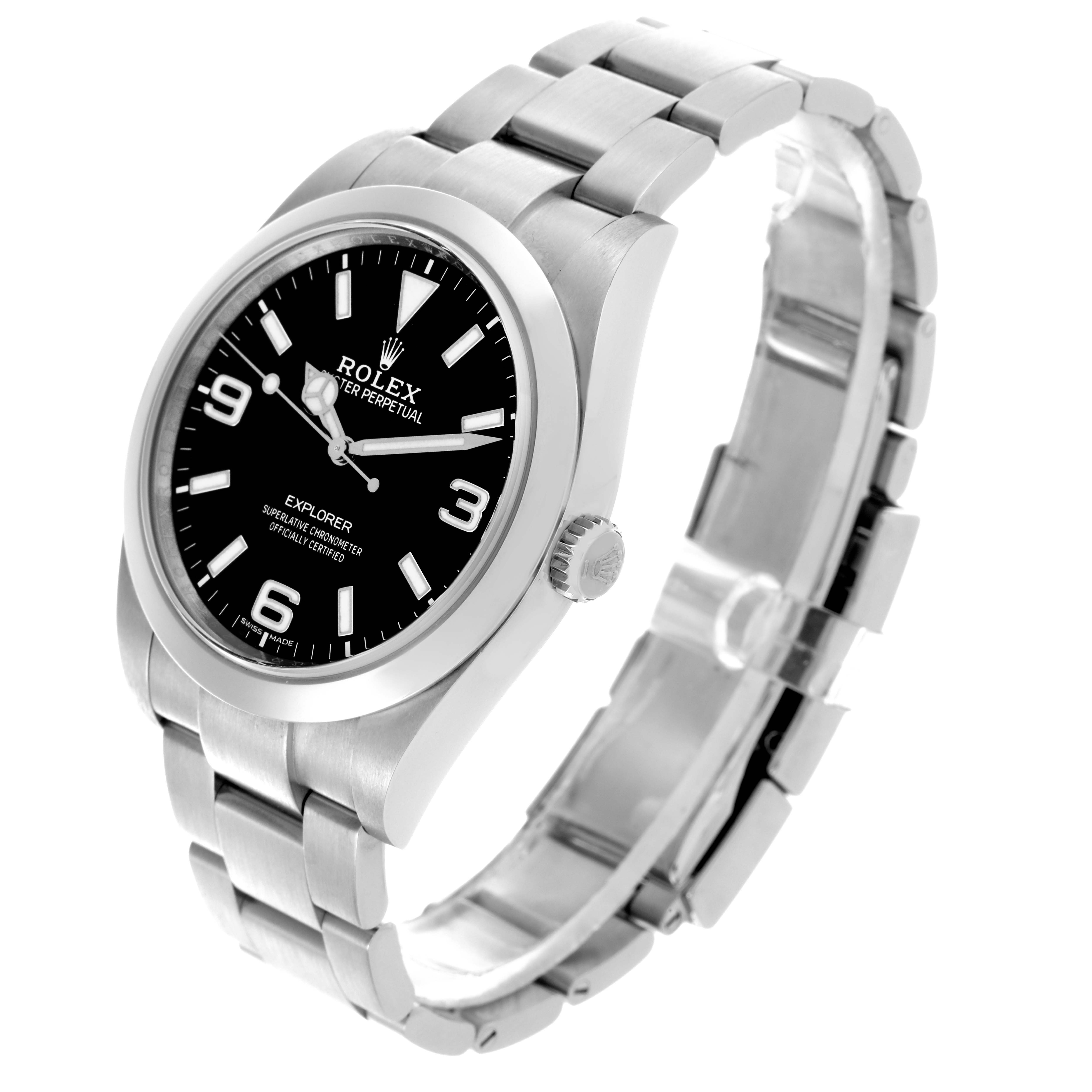 The image shows a side angle of a Rolex Explorer 214270 Men
s Stainless Steel Black Dial 214270 Men
s Stainless Steel Black Dial watch, highlighting the face, bezel, crown, and bracelet.