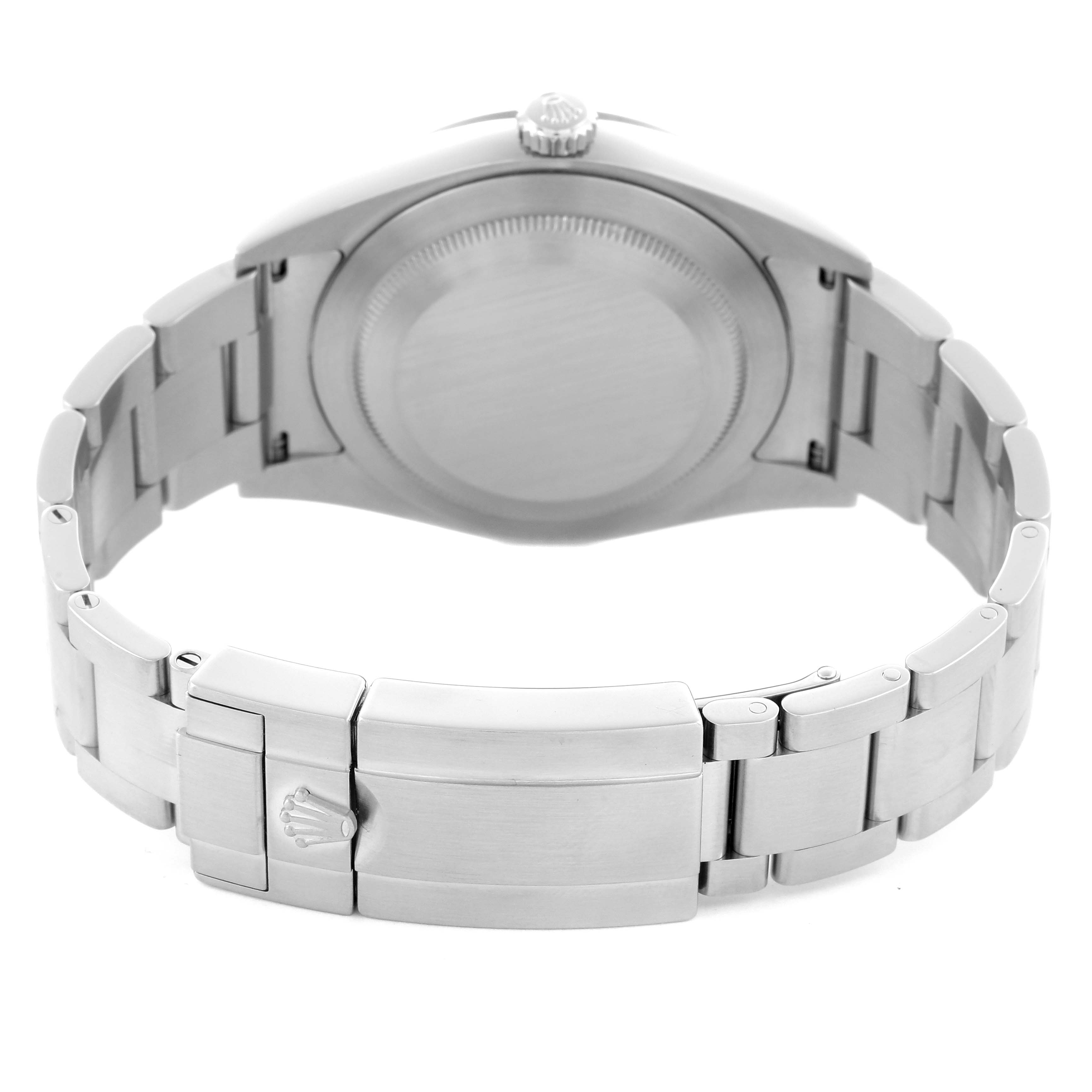 The image shows a back view of a Rolex Explorer 214270 Men
s Stainless Steel Black Dial 214270 Men
s Stainless Steel Black Dial watch, highlighting the bracelet and closed clasp.