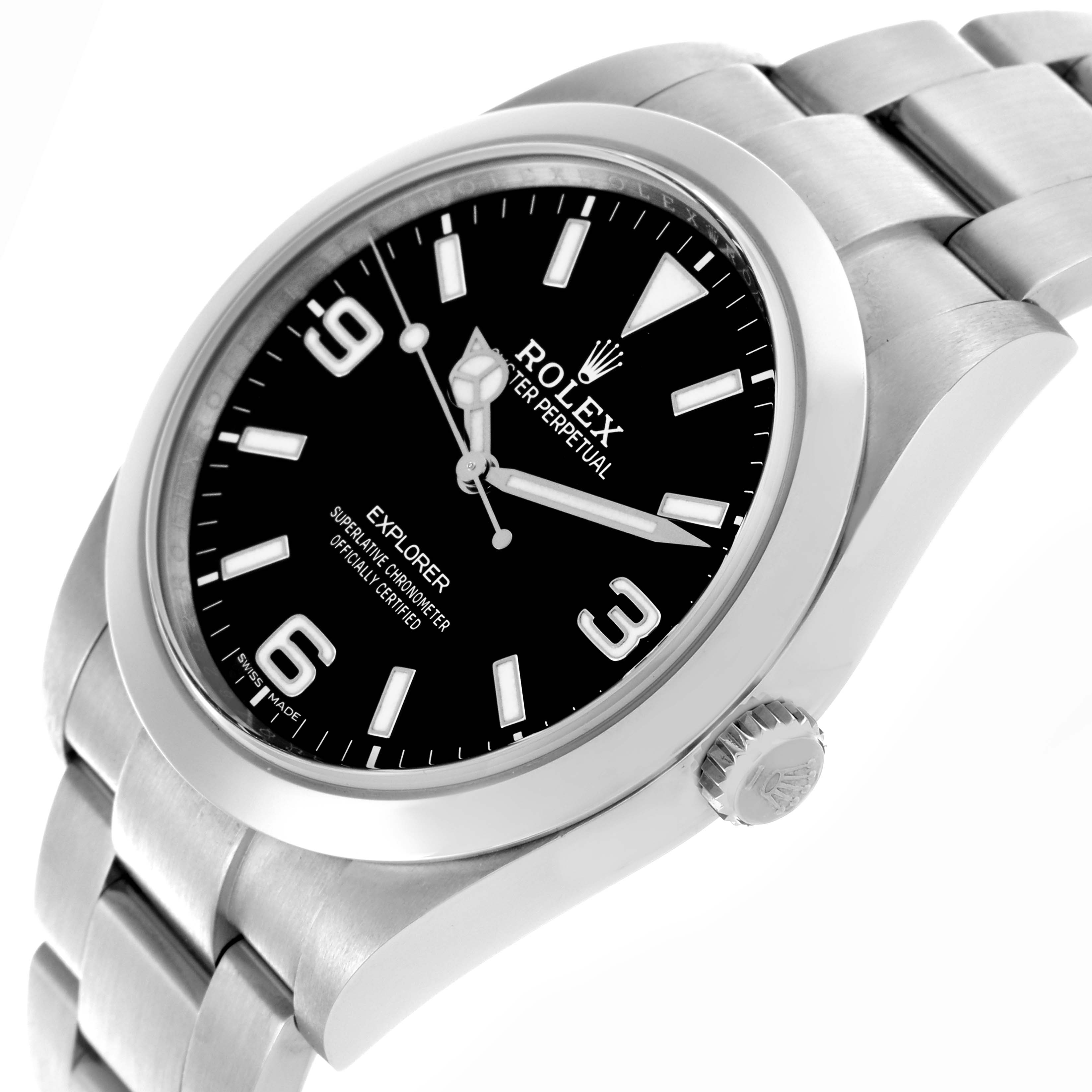 The Rolex Explorer 214270 Men
s Stainless Steel Black Dial 214270 Men
s Stainless Steel Black Dial watch is shown from an angled side view, displaying the face, bezel, crown, and part of the bracelet.