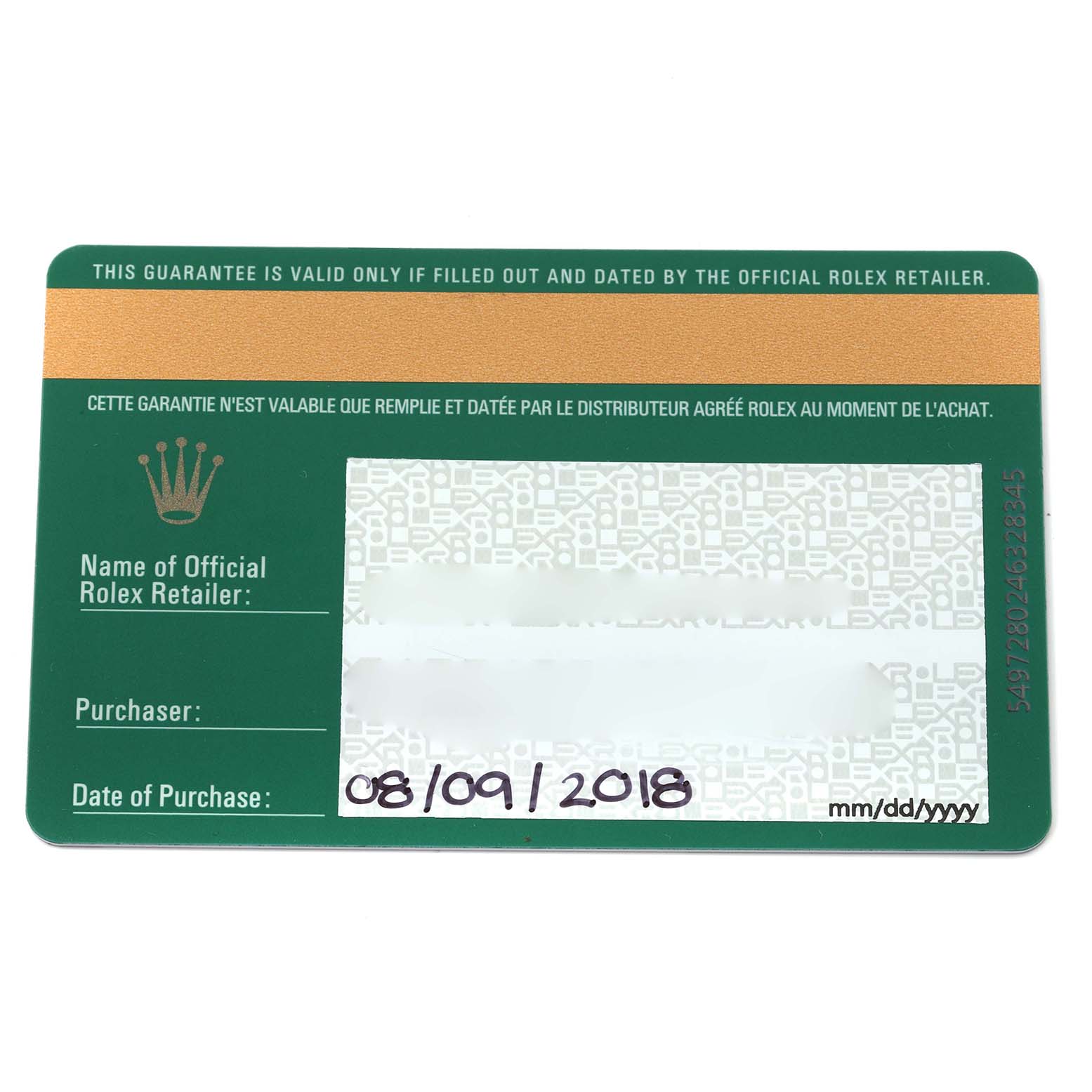 This image shows the guarantee card for the Rolex Explorer 214270 Men
s Stainless Steel Black Dial 214270 Men
s Stainless Steel Black Dial watch.