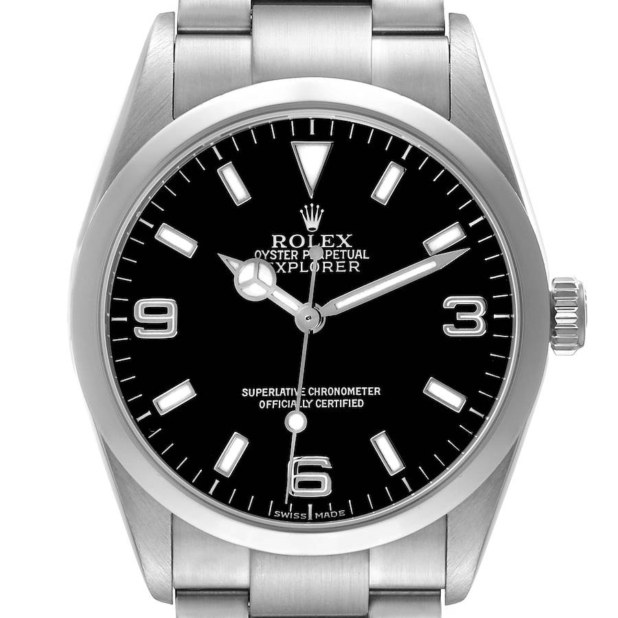 The Rolex Explorer watch is shown from a front angle, displaying the dial, hands, bezel, and part of the bracelet.