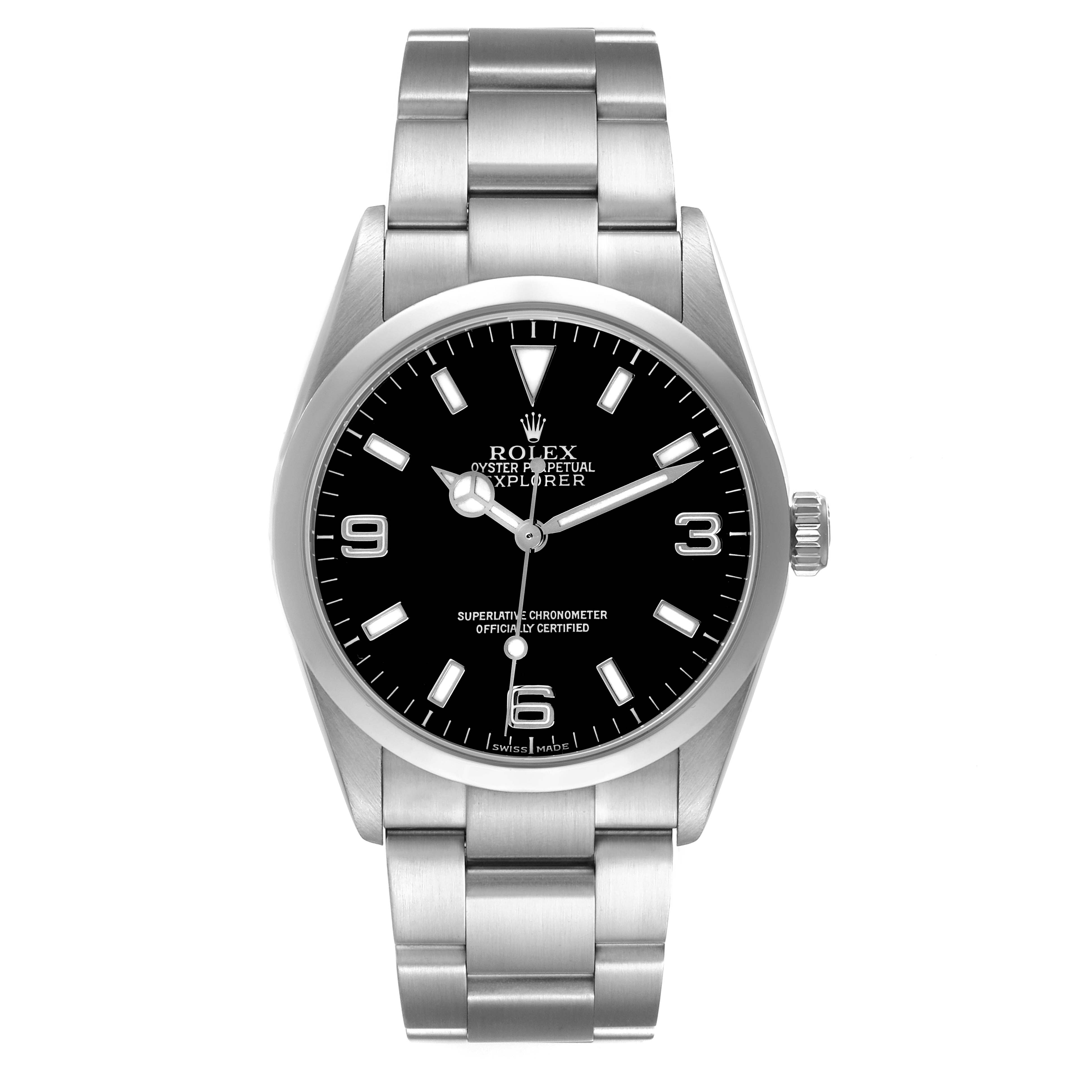 The image shows a front view of the Rolex Explorer 114270 Men's Stainless Steel Black Dial 114270 Men's Stainless Steel Black Dial watch, displaying the dial, hour markers, hands, and bracelet.