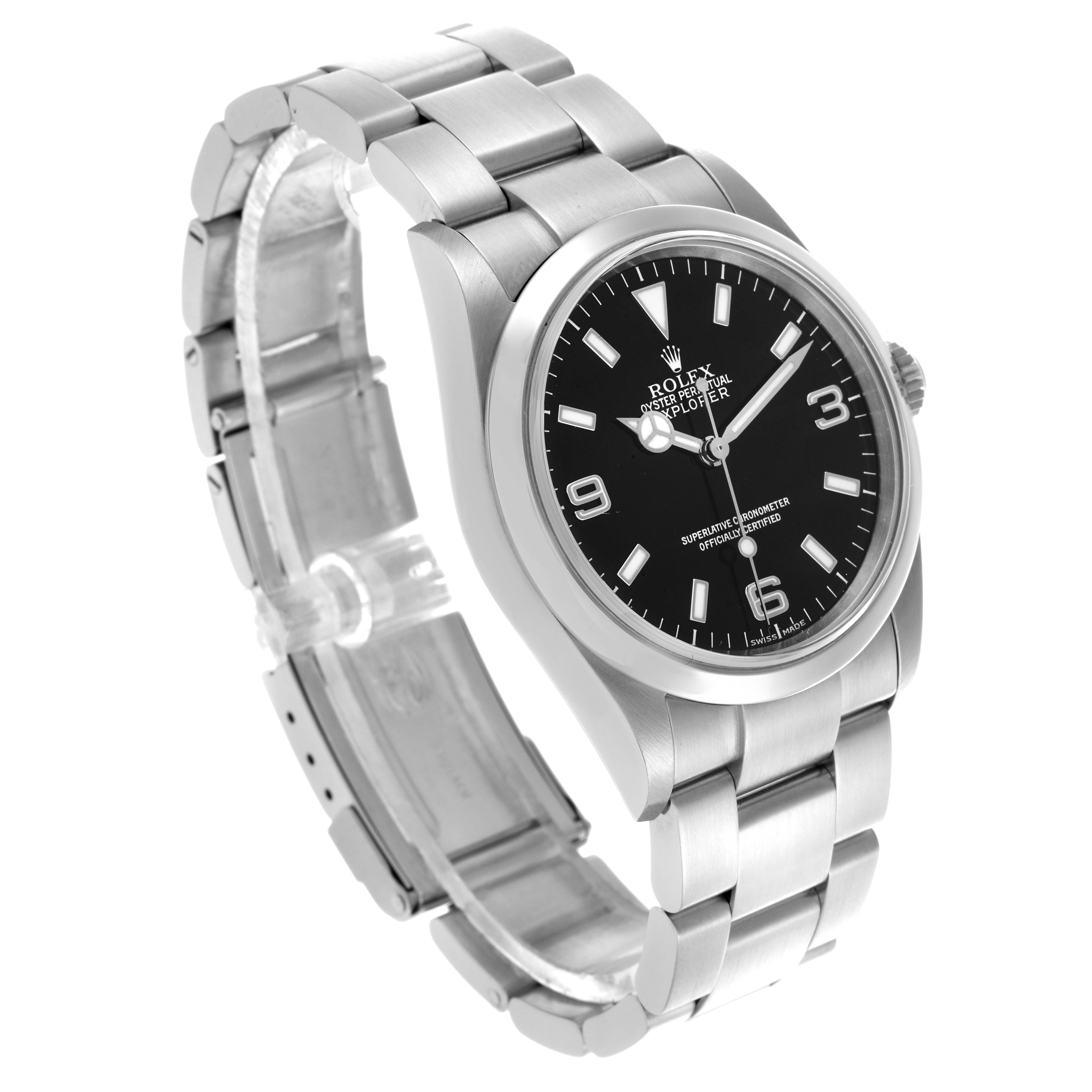 The Rolex Explorer 114270 Men's Stainless Steel Black Dial 114270 Men's Stainless Steel Black Dial watch is shown at a side angle, displaying the bracelet and dial clearly.