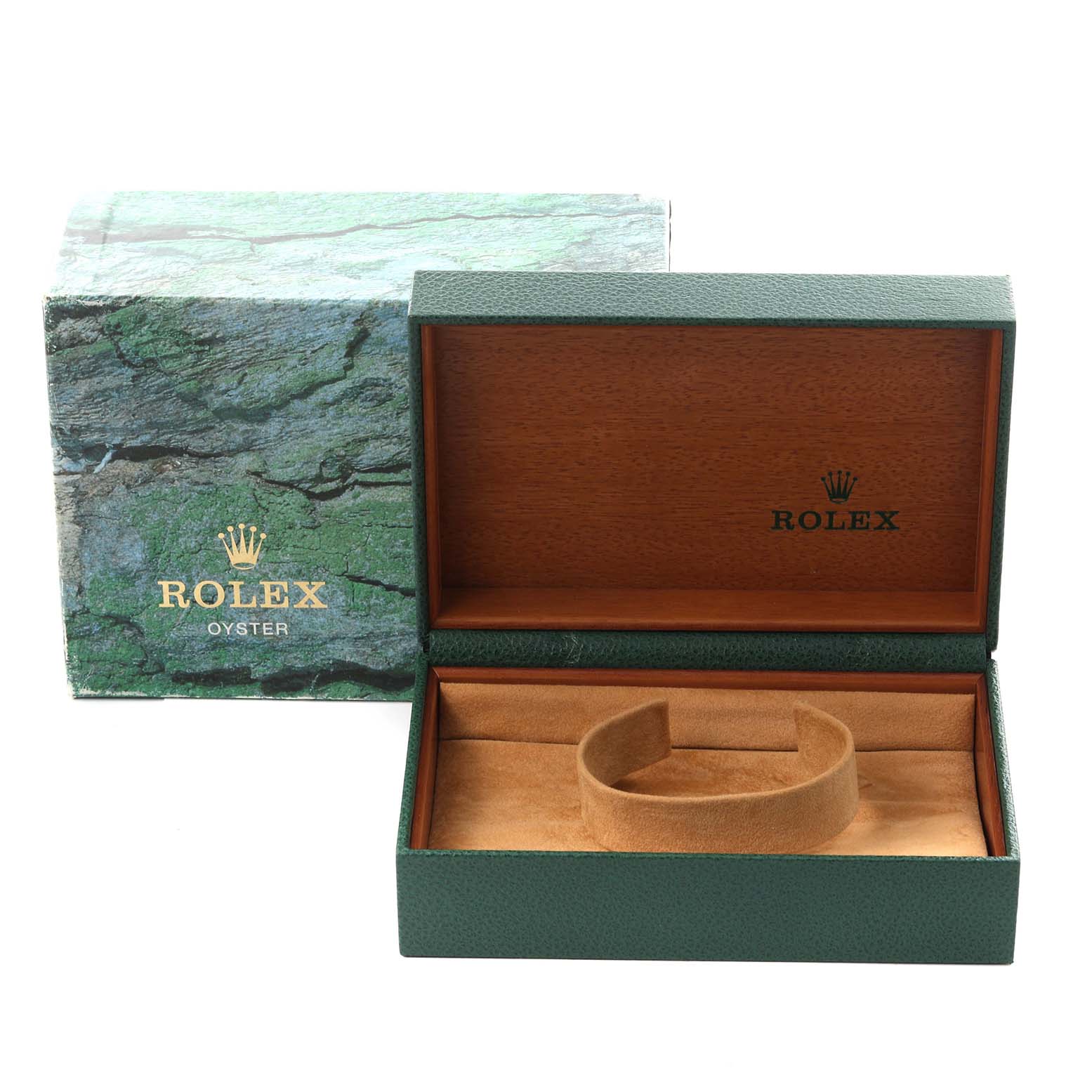 The image shows a Rolex Explorer 114270 Men's Stainless Steel Black Dial 114270 Men's Stainless Steel Black Dial watch box and outer packaging from a front angle.