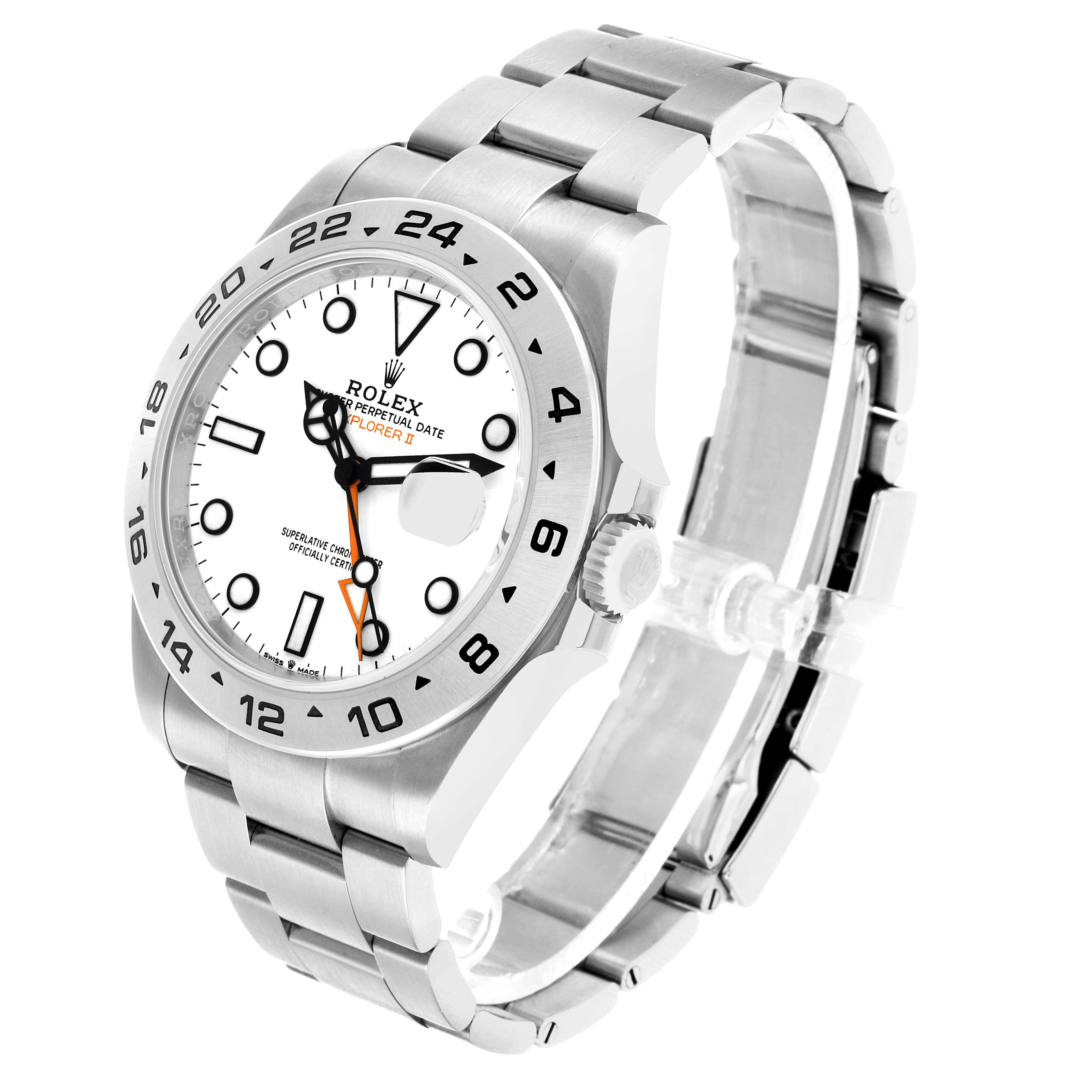 The Rolex Explorer 226570 Men's Stainless Steel White Dial II watch is shown at an angle highlighting the dial, bezel, crown, and bracelet.