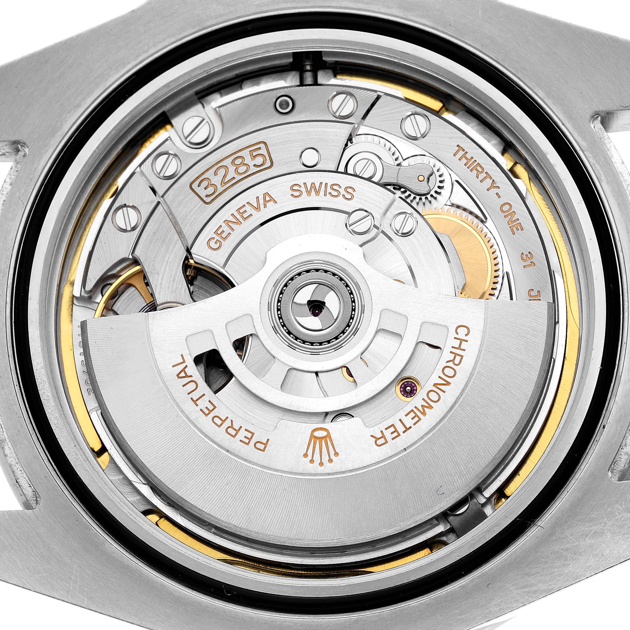 This image shows the movement and internal mechanism of a Rolex Explorer 226570 Men's Stainless Steel White Dial watch viewed from the case back.
