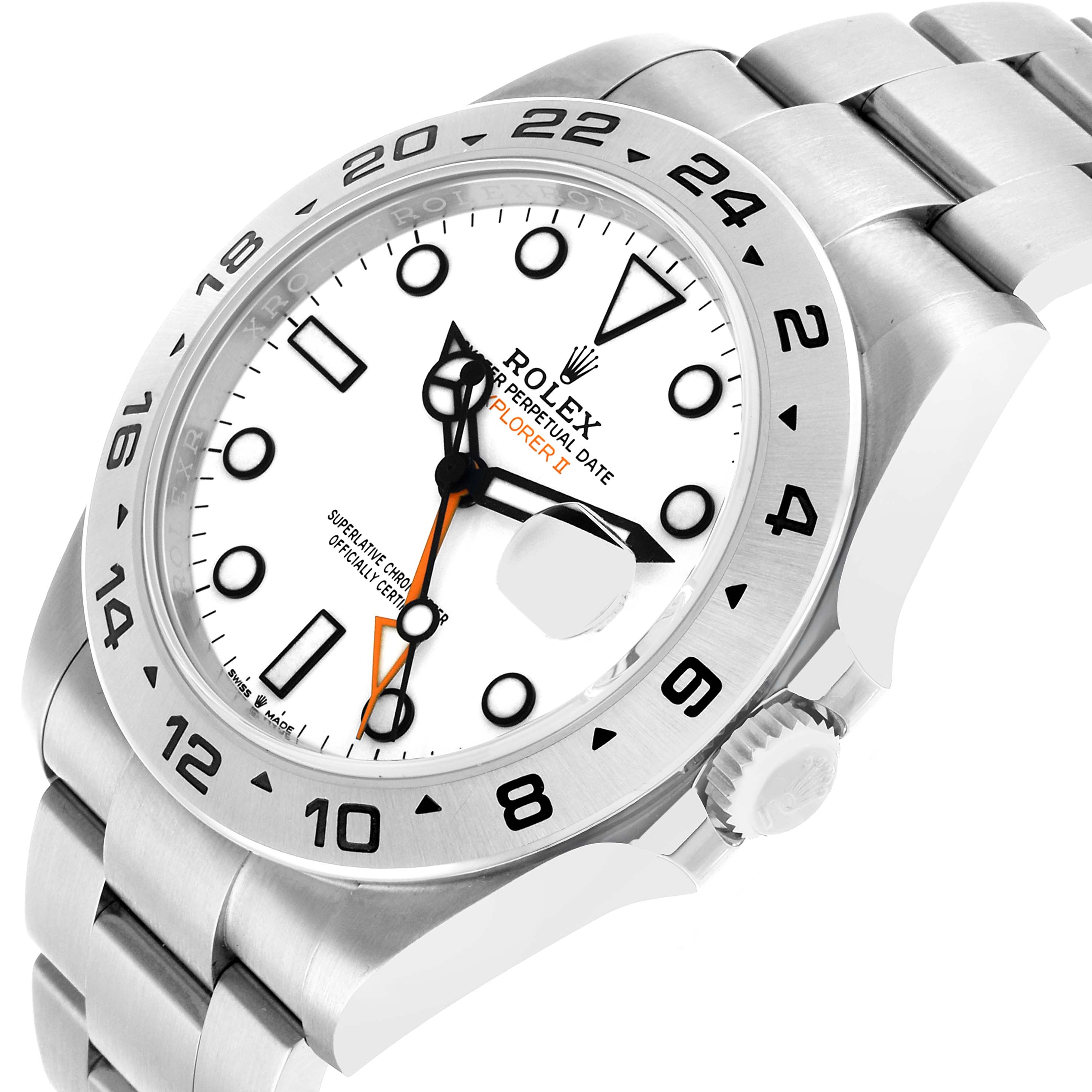 The Rolex Explorer 226570 Men's Stainless Steel White Dial watch is shown at a three-quarter angle, displaying its face, bezel, crown, and part of the bracelet.
