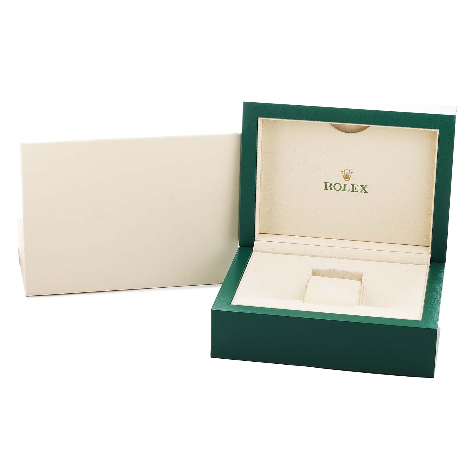 The image shows an open Rolex Explorer 226570 Men's Stainless Steel White Dial watch box, revealing the interior and the logo.