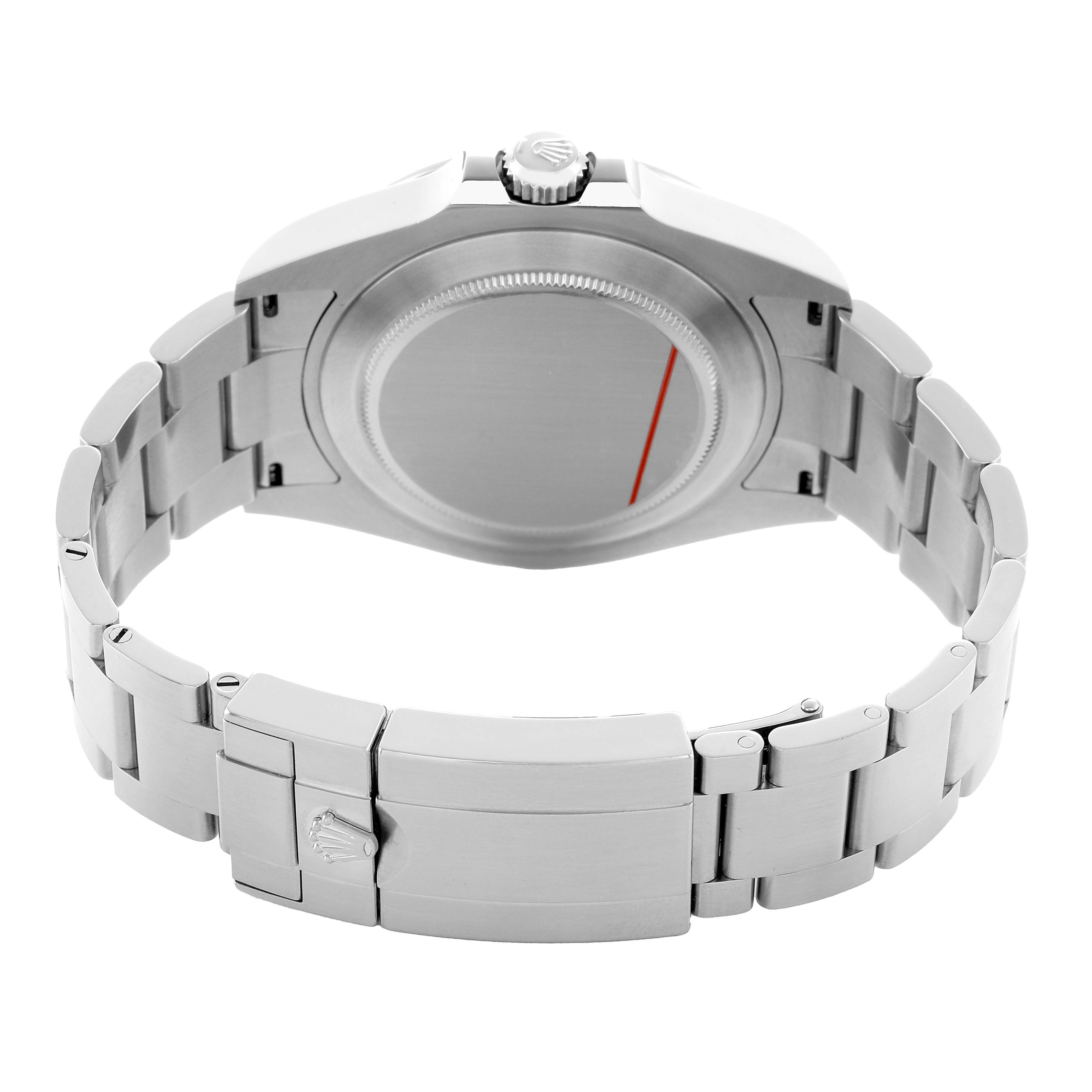 The image shows the back and bracelet of a Rolex Explorer 226570 Men's Stainless Steel White Dial watch viewed from the rear.