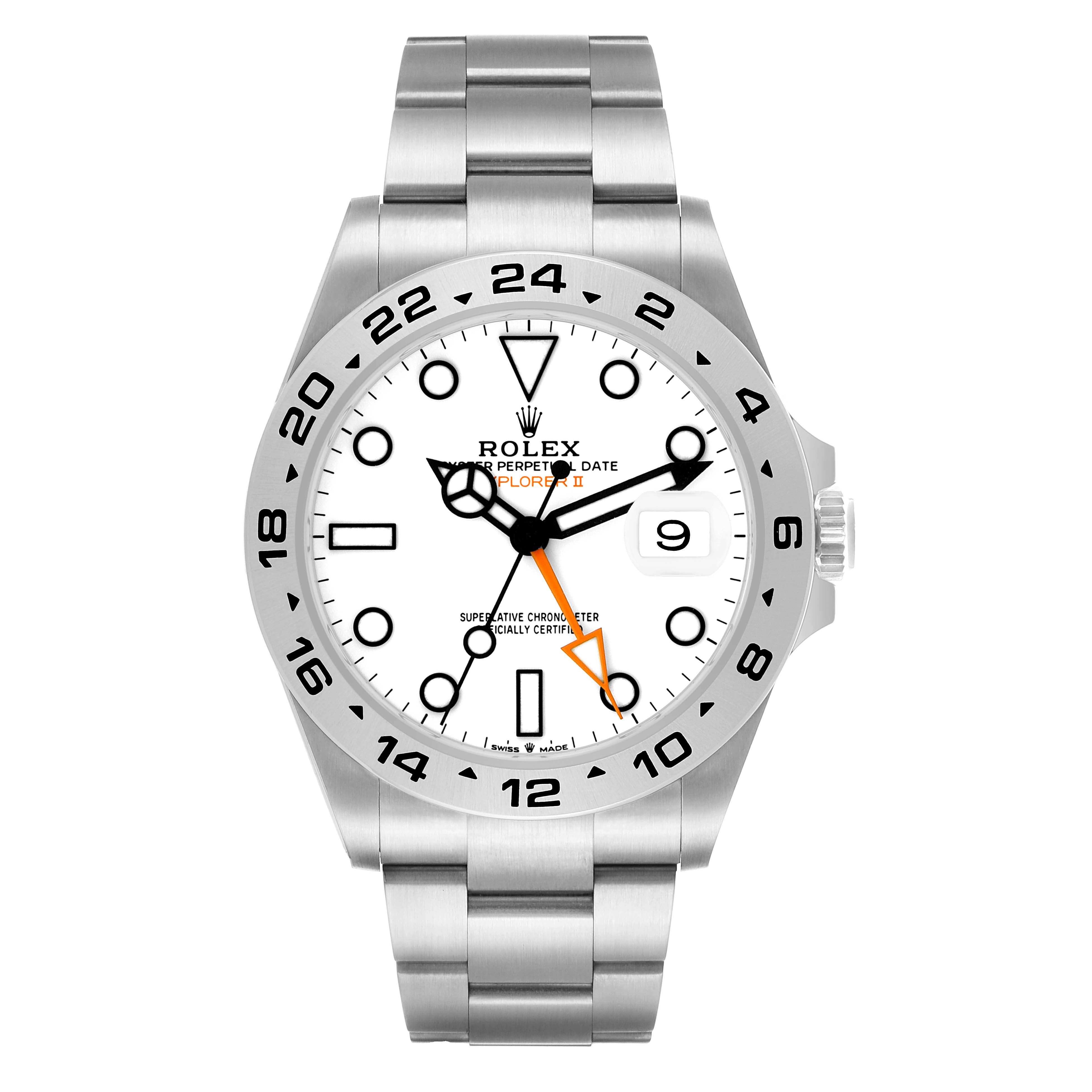 The Rolex Explorer 226570 Men's Stainless Steel White Dial model is shown from a front angle, displaying the dial, bezel, crown, and bracelet.