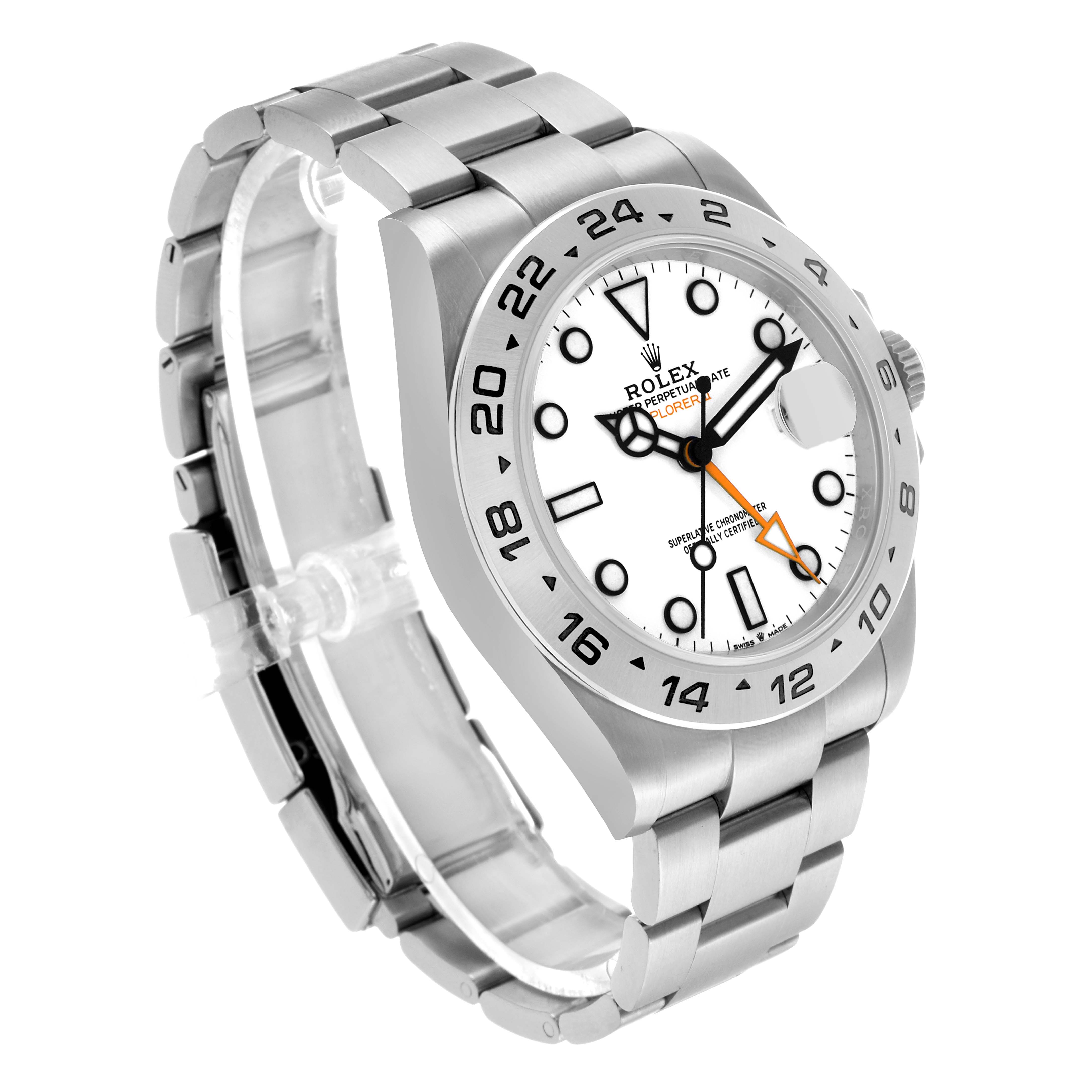 The Rolex Explorer 226570 Men's Stainless Steel White Dial watch is shown in a three-quarter view highlighting the face, bezel, and bracelet.