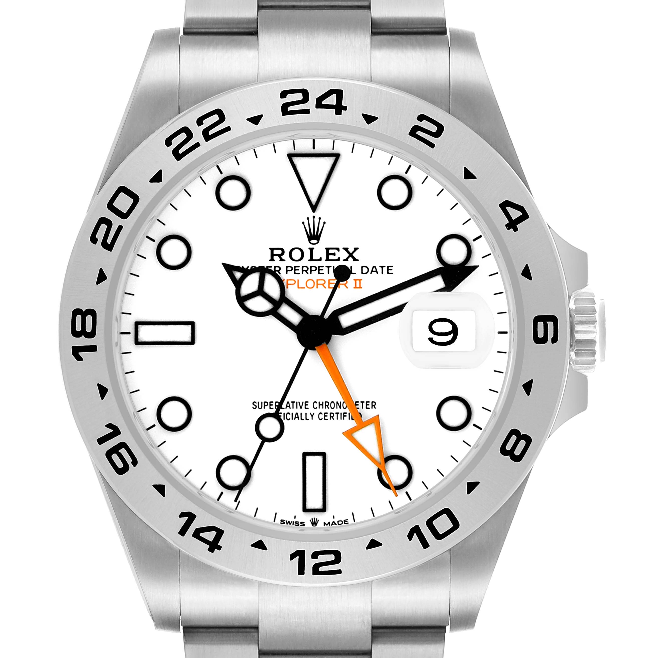 The Rolex Explorer 226570 Men's Stainless Steel White Dial II watch is shown from a front angle, displaying its face, bezel, and part of the bracelet.