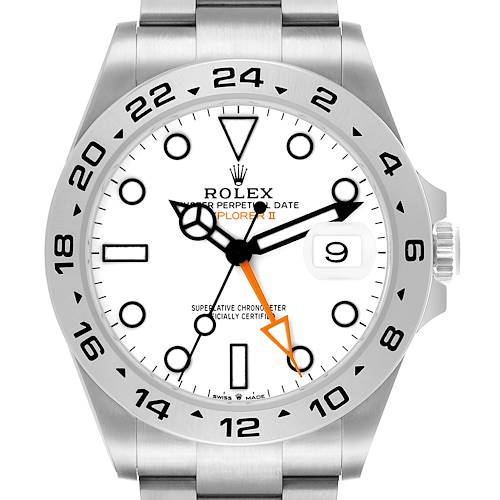 The Rolex Explorer 226570 Men's Stainless Steel White Dial II watch is shown from the front, displaying its dial, bezel, and bracelet links.