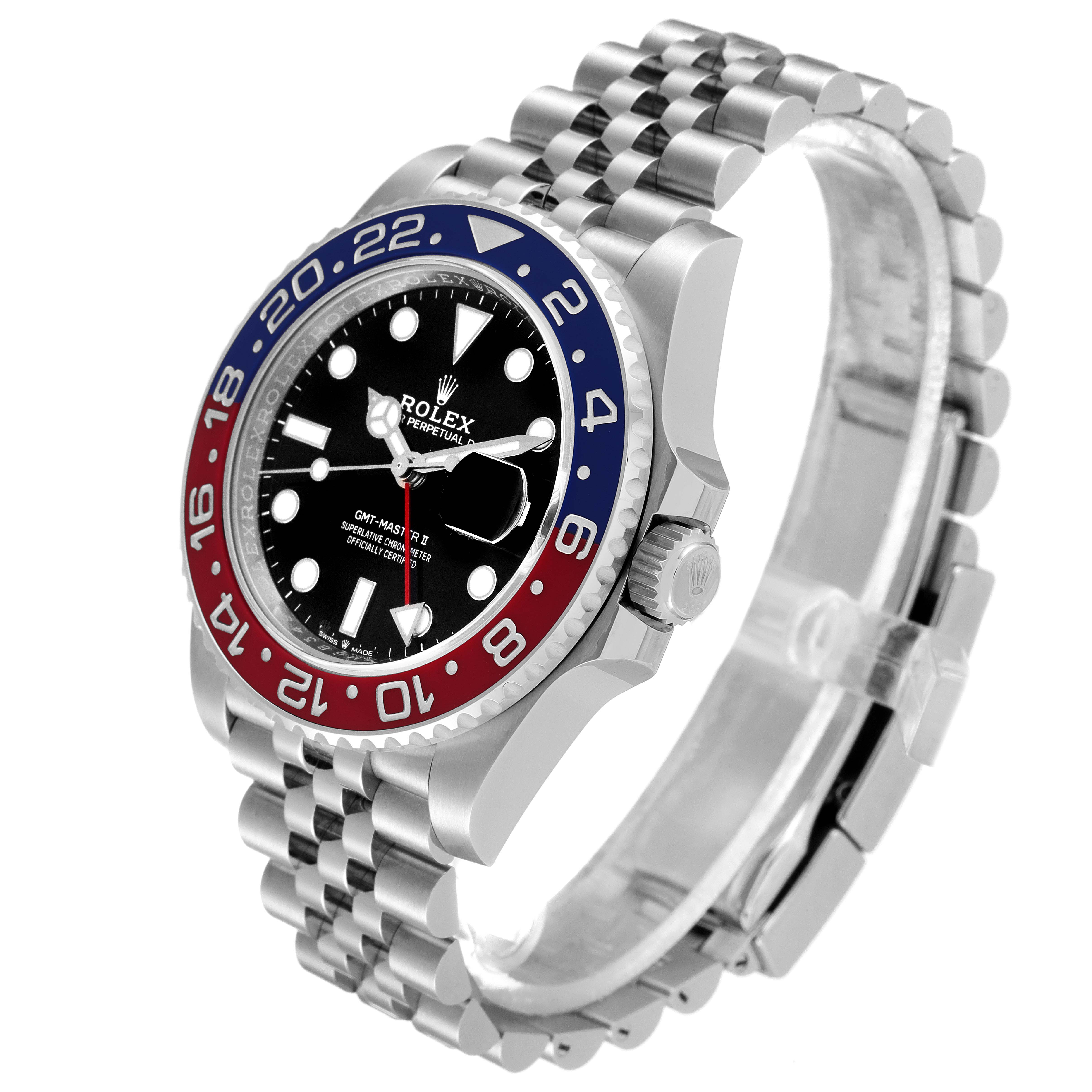 The image shows a side angle view of the Rolex GMT-Master 126710 Men
s Stainless Steel Black Dial 126710 Men
s Stainless Steel Black Dial watch, highlighting the bezel, dial, and bracelet.
